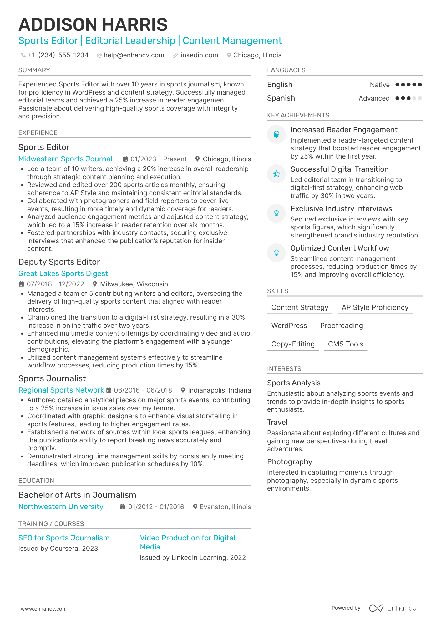 Sports Editor Resume Example