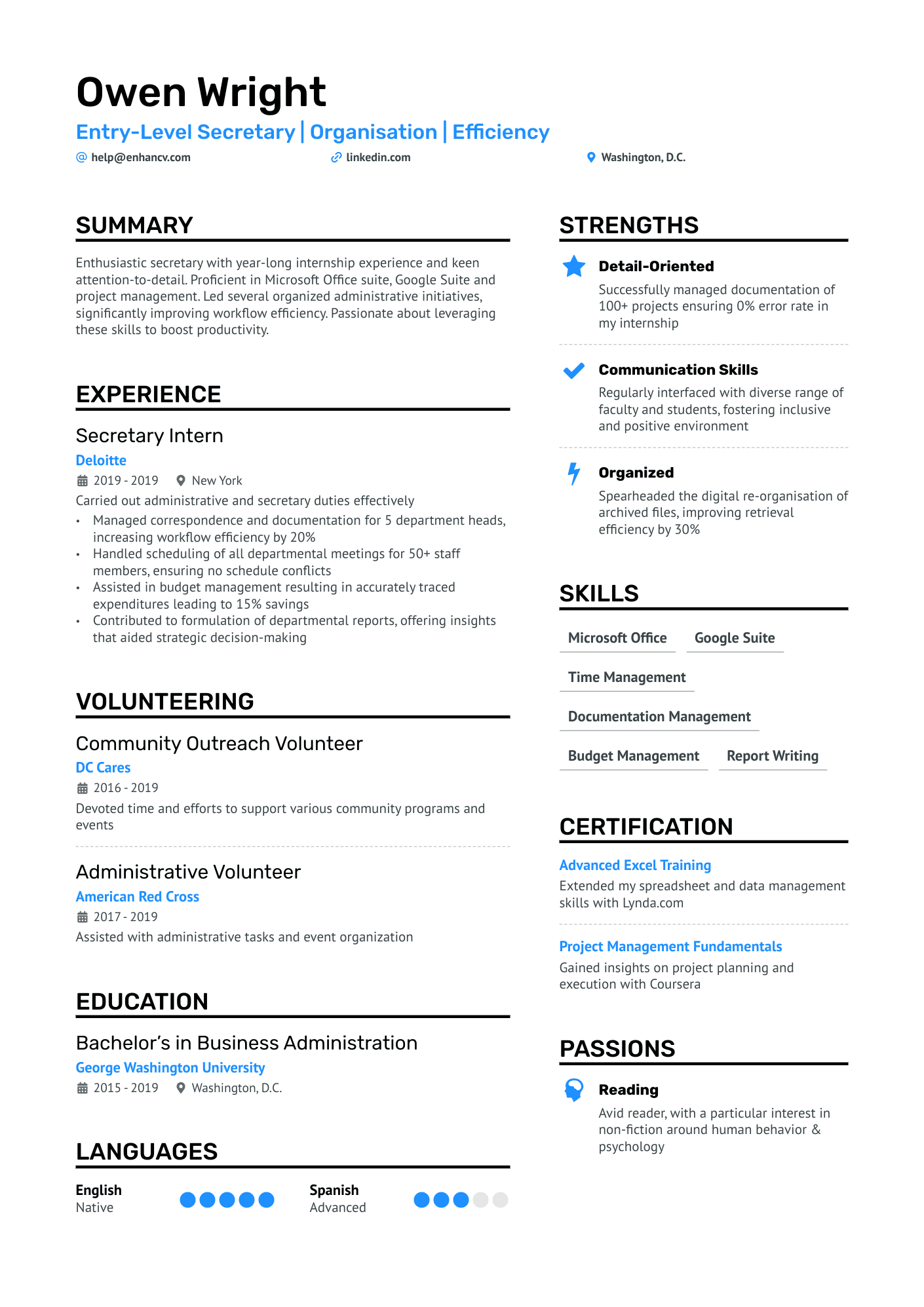 Entry Level Secretary Resume Example