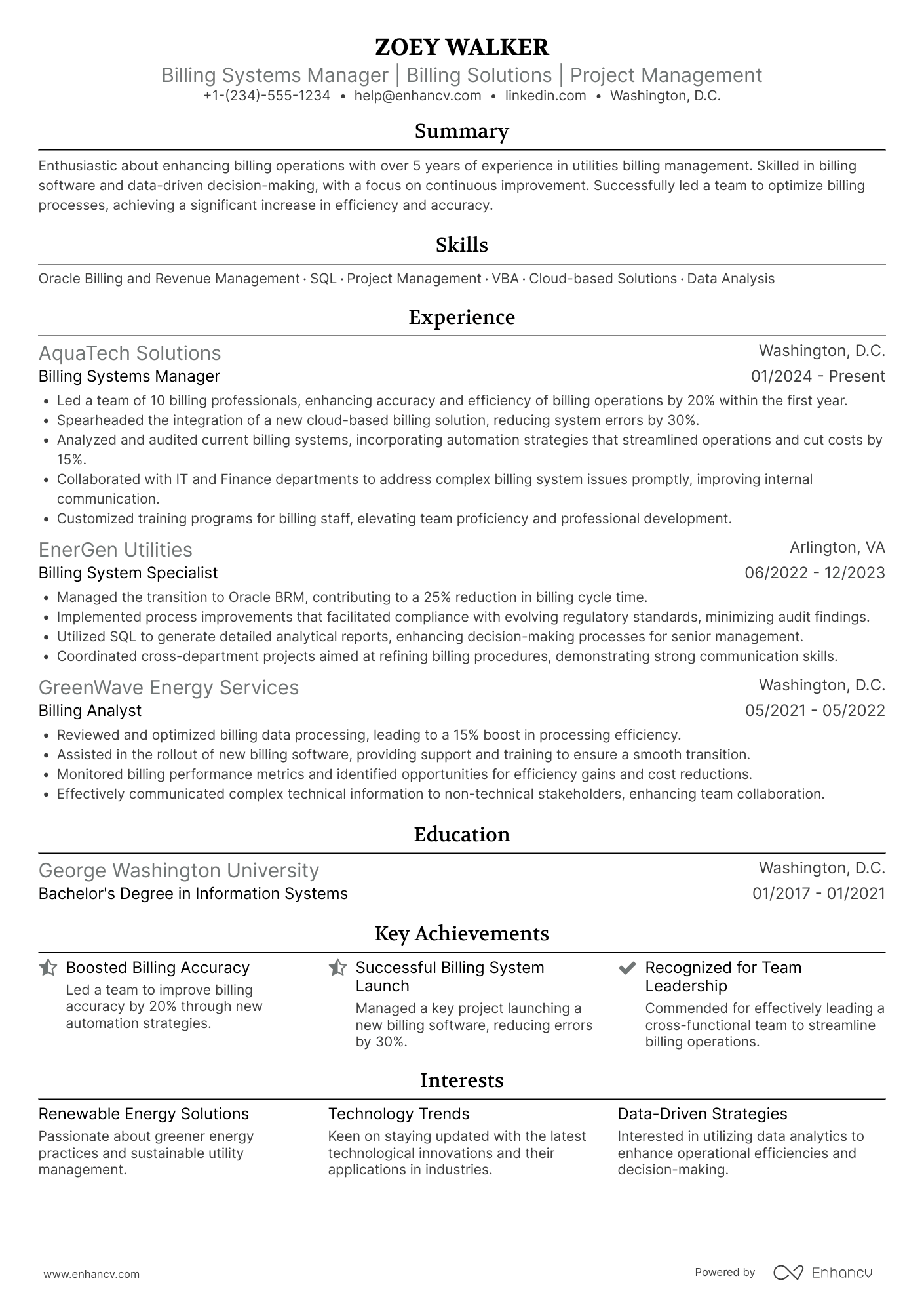 Billing Systems Manager Resume Example