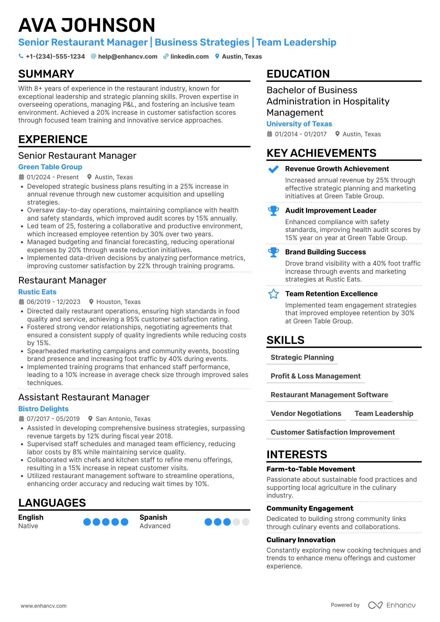 Restaurant Business Owner Resume Example