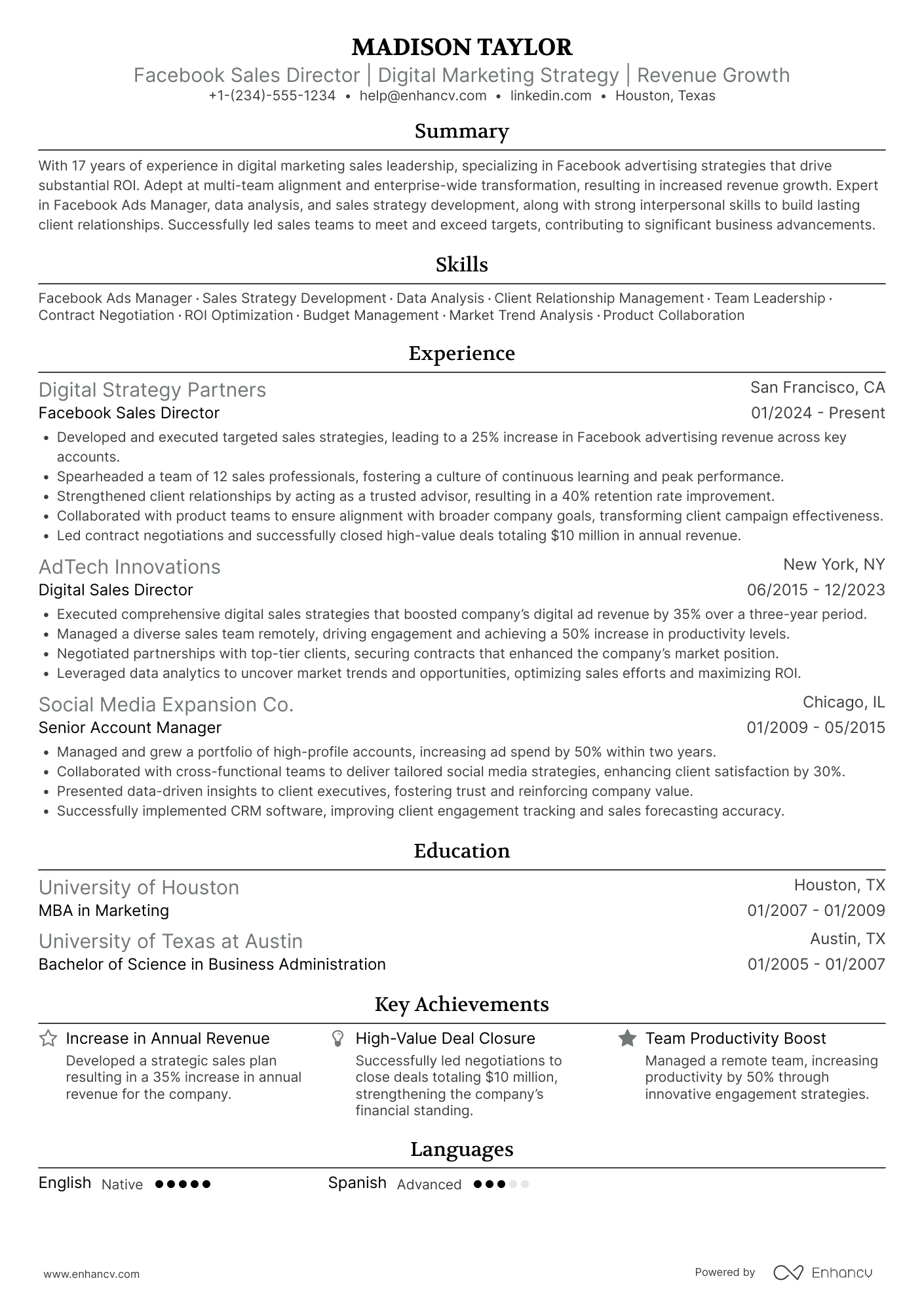 Facebook Sales Director Resume Example