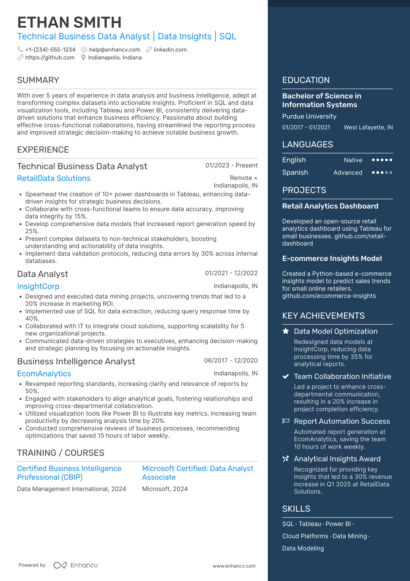 Technical Business Data Analyst Resume Example