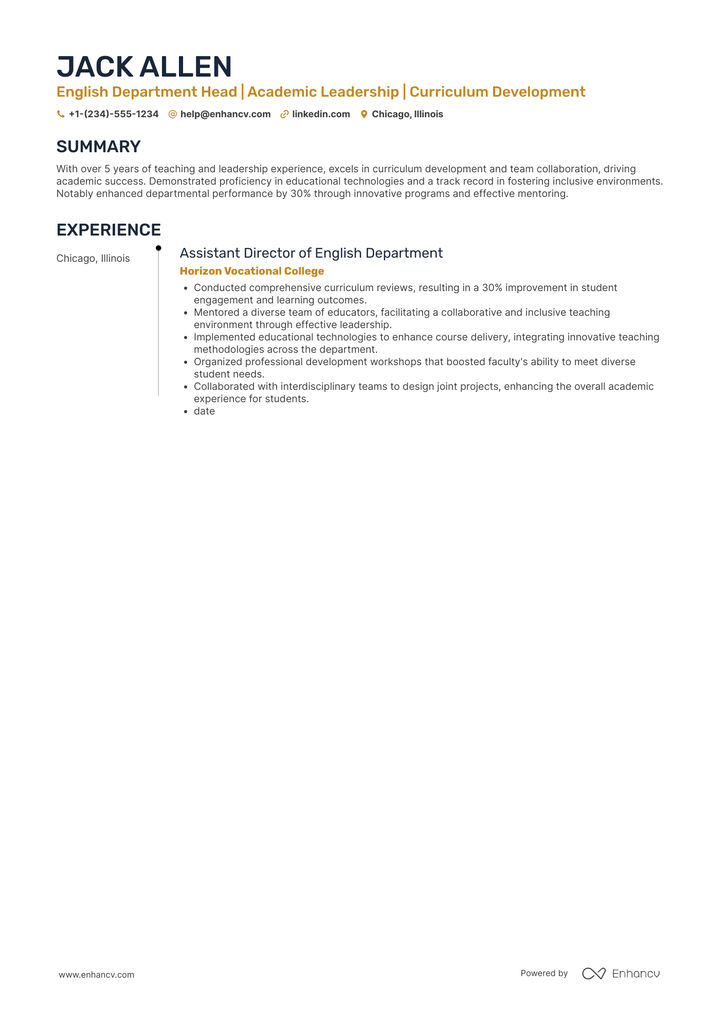 English Department Head Resume Example