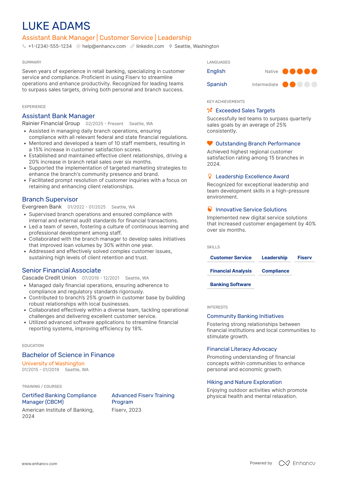 Assistant Bank Manager Resume Example