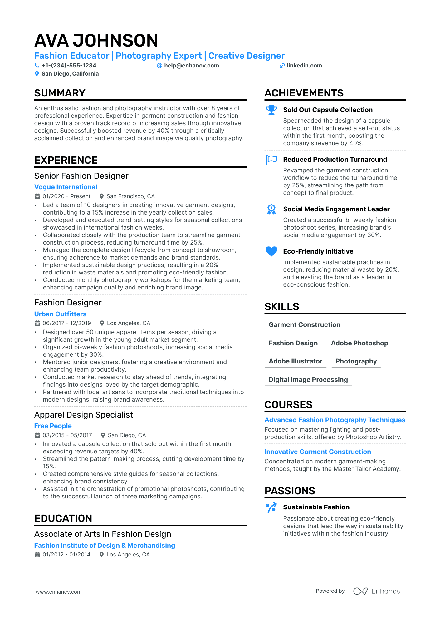 Freelance Fashion Designer Resume Example
