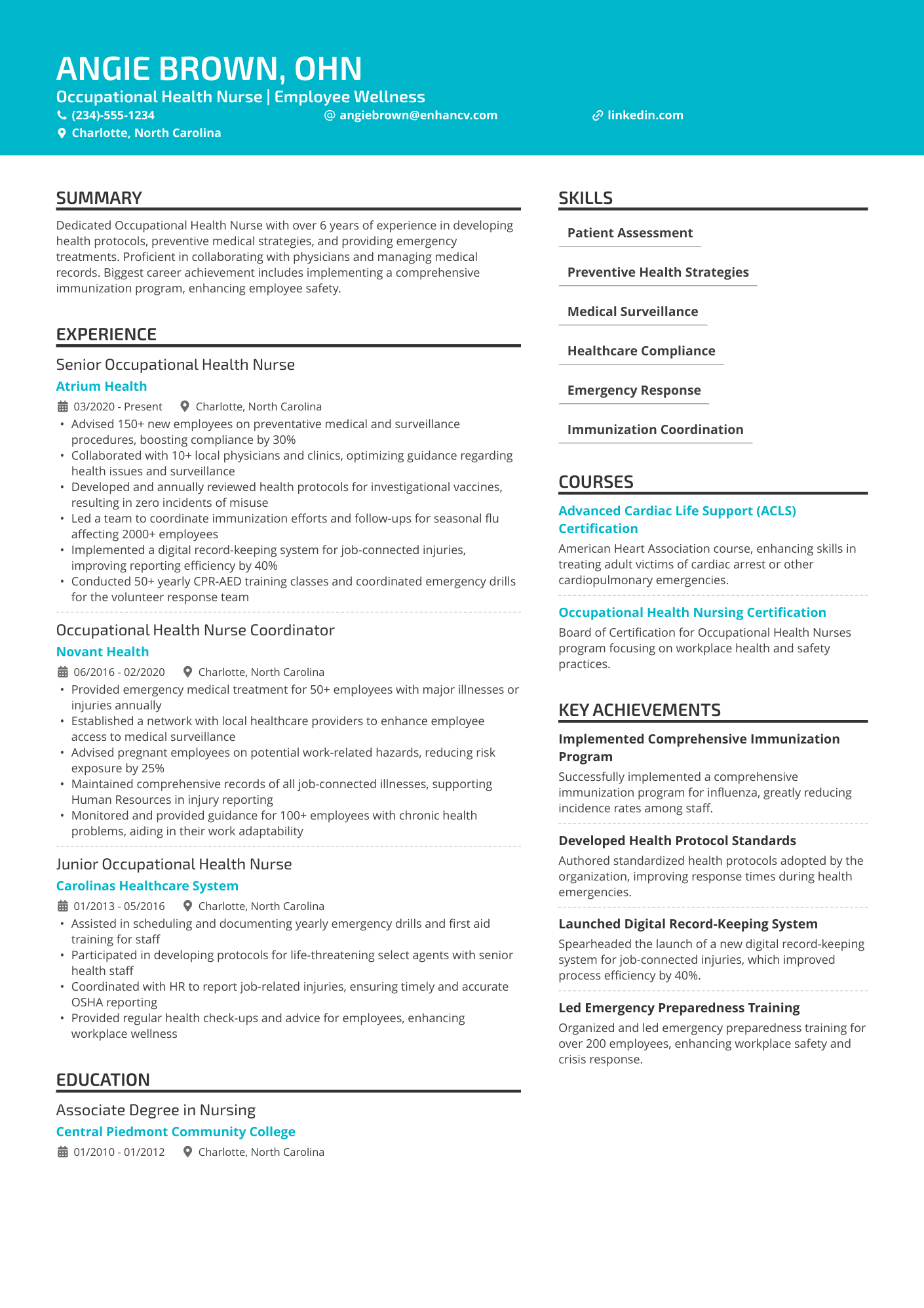 Occupational Health Nurse Resume Example