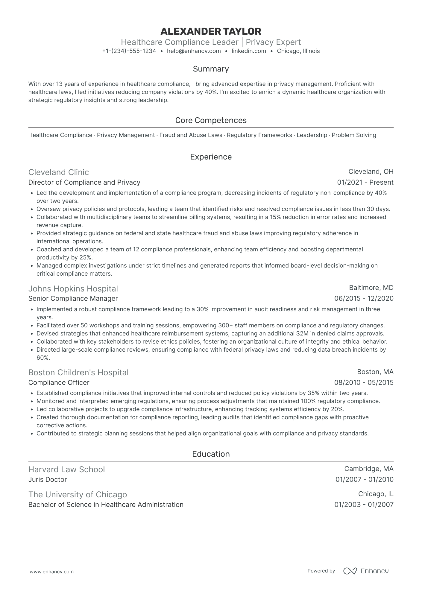 Chief Compliance Officer in Technology Resume Example