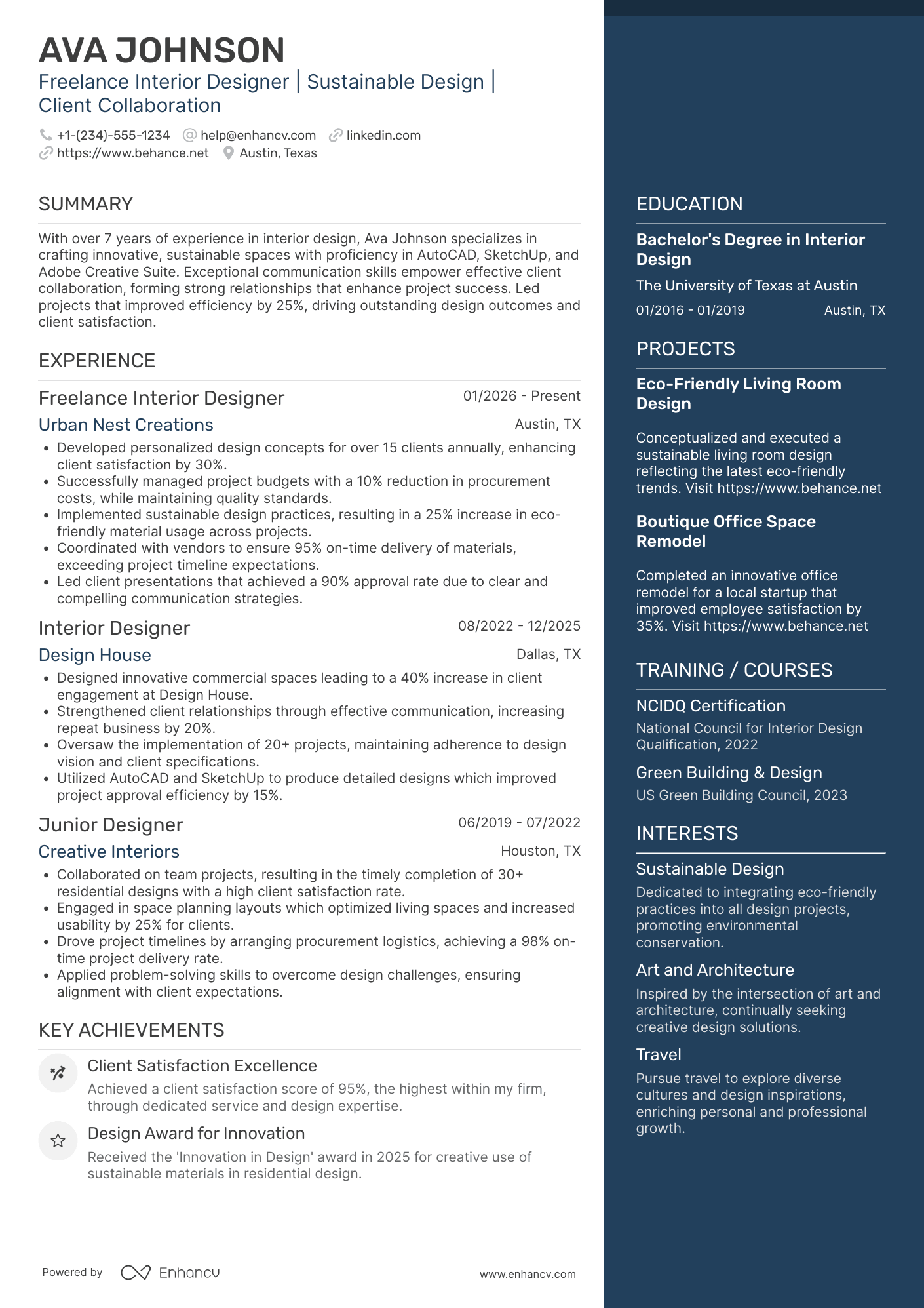Freelance Interior Designer Resume Example