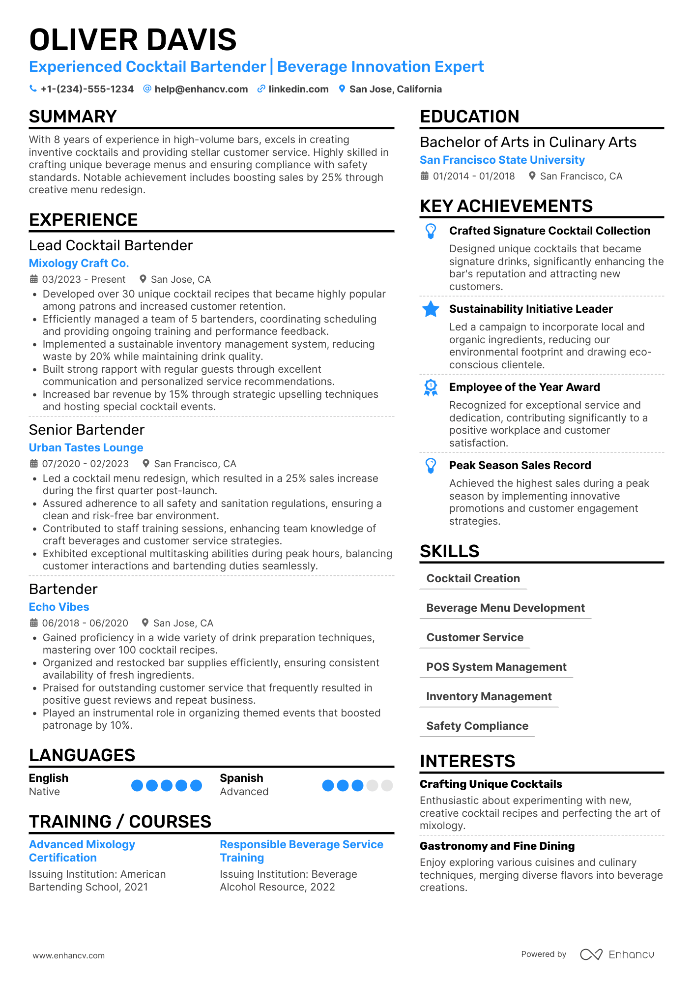 Cocktail Bartender Resume Example