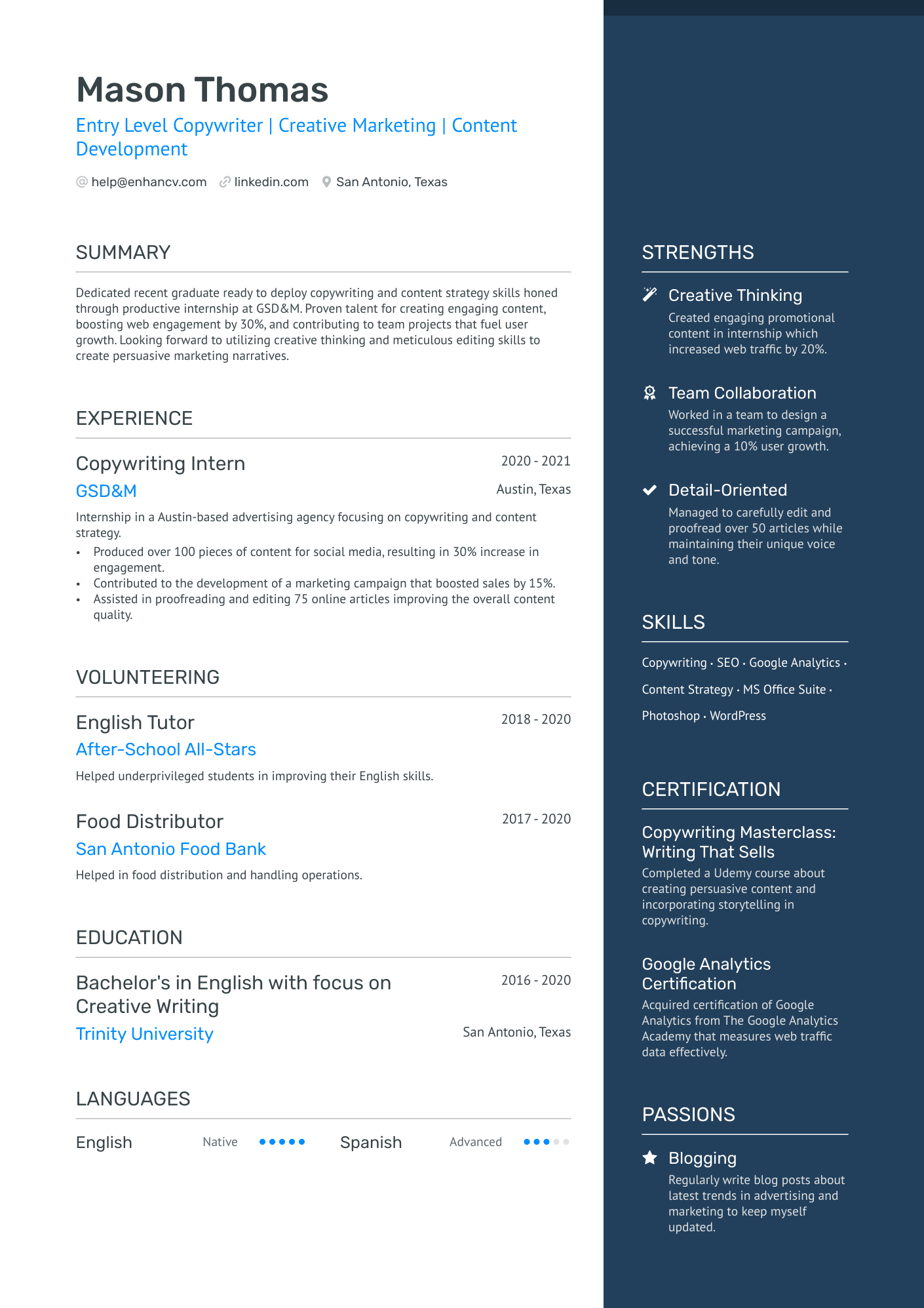 Entry Level Copywriter Resume Example