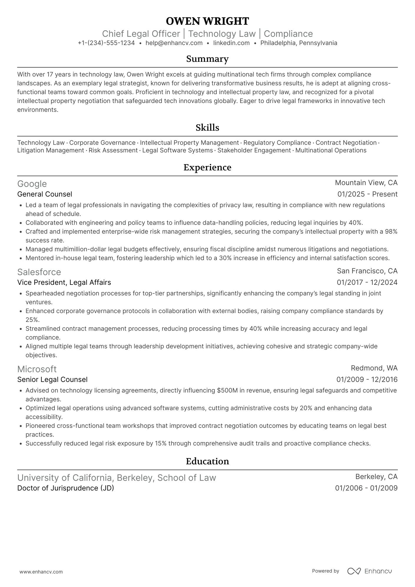 Chief Legal Officer Resume Example