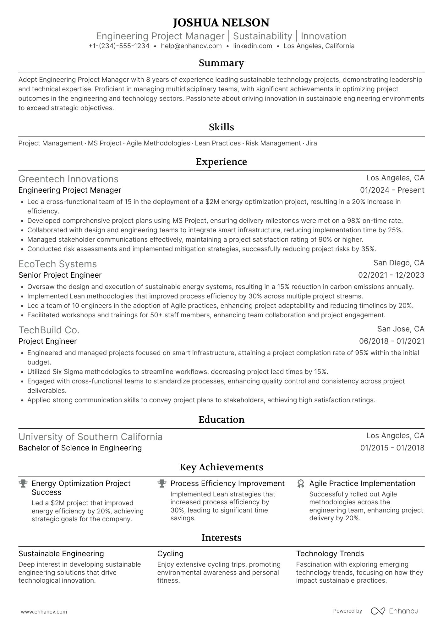 Engineering Project Manager Resume Example
