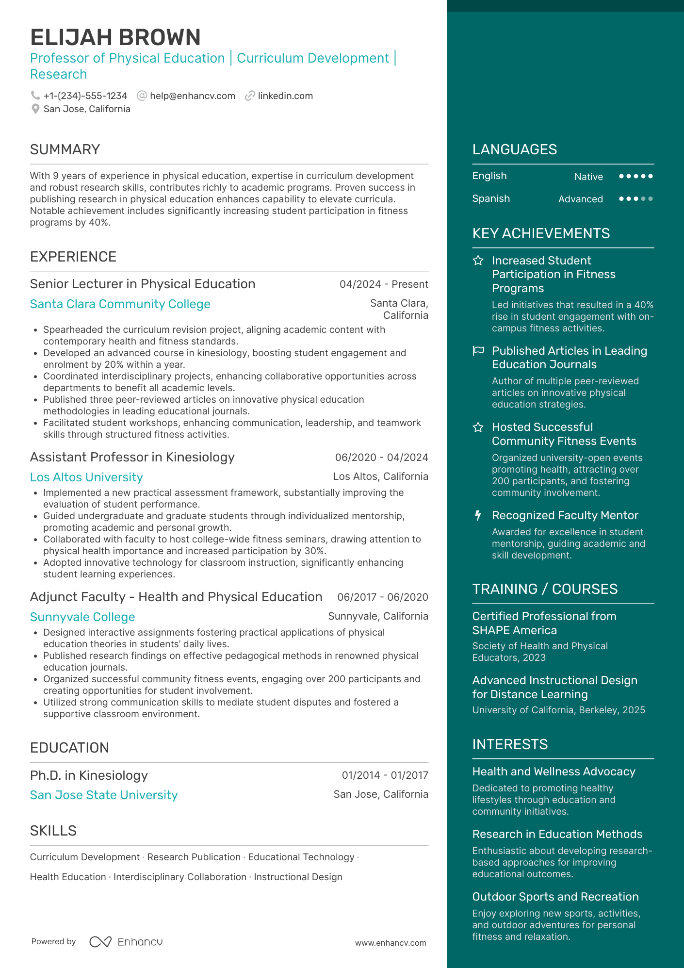 Professor of Physical Education Resume Example