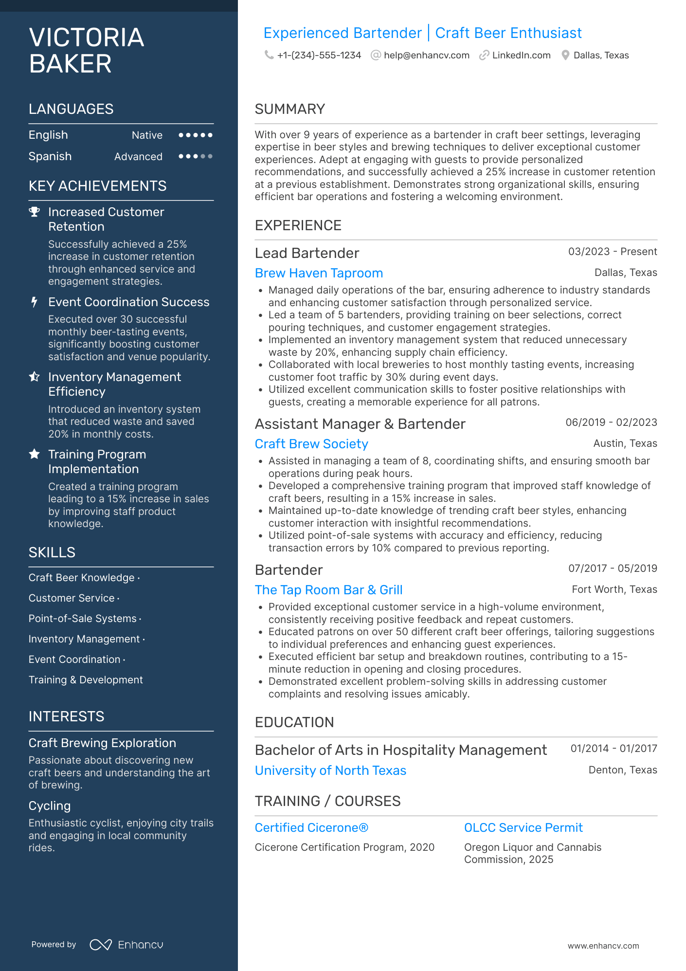 Craft Beer Bartender Resume Example