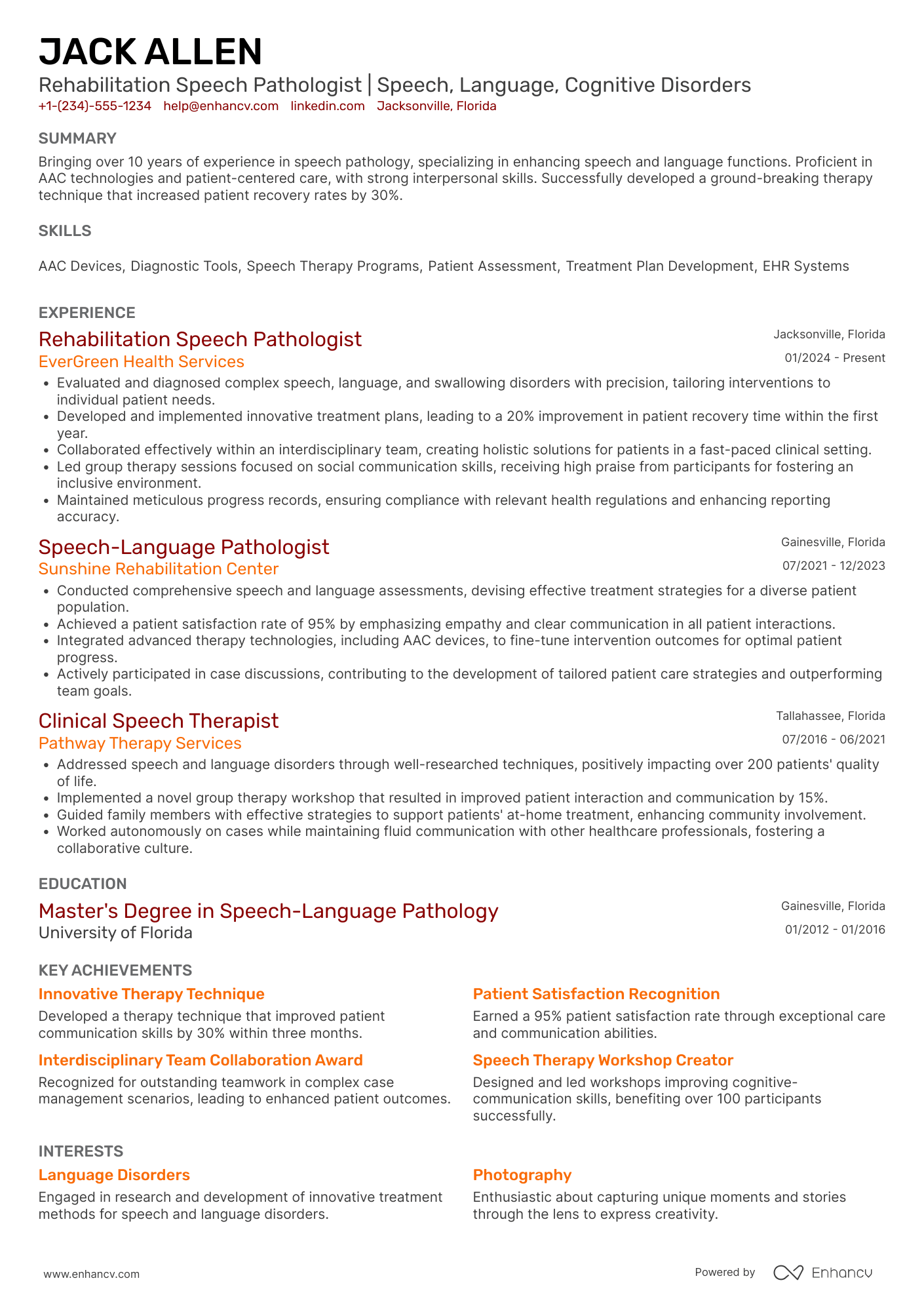 Rehabilitation Speech Pathologist Resume Example