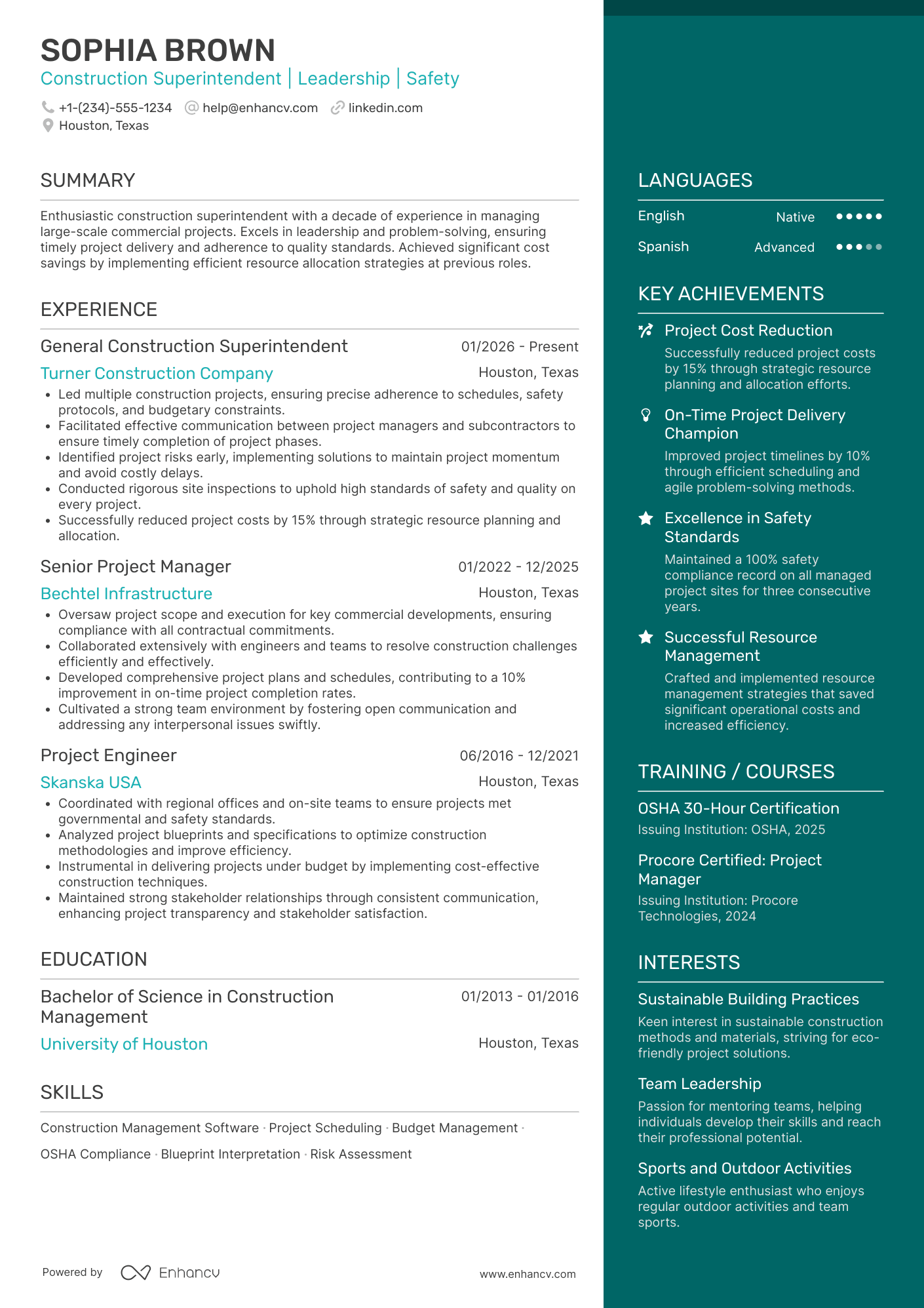 General Construction Superintendent Resume Example