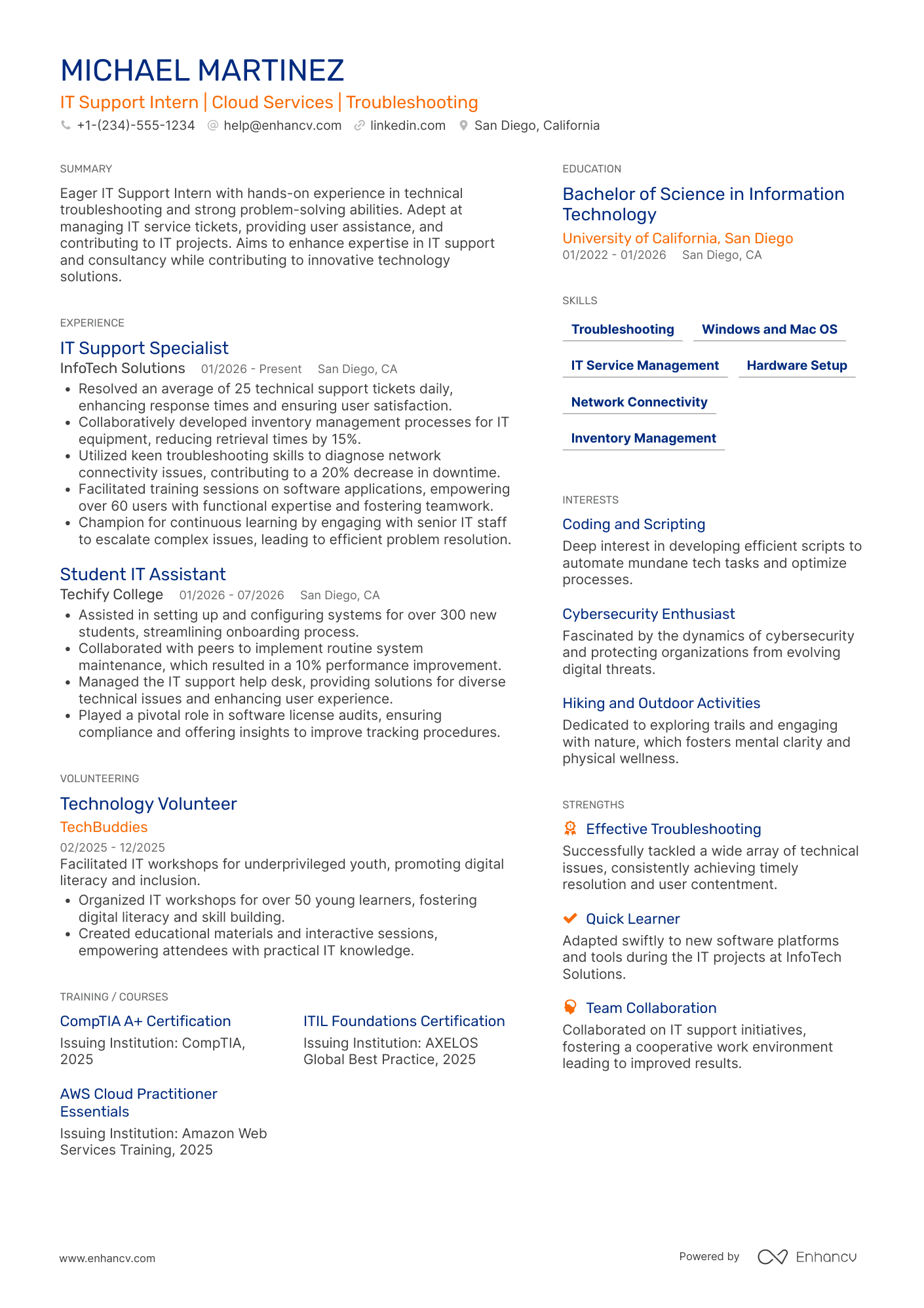 IT Support Intern Resume Example