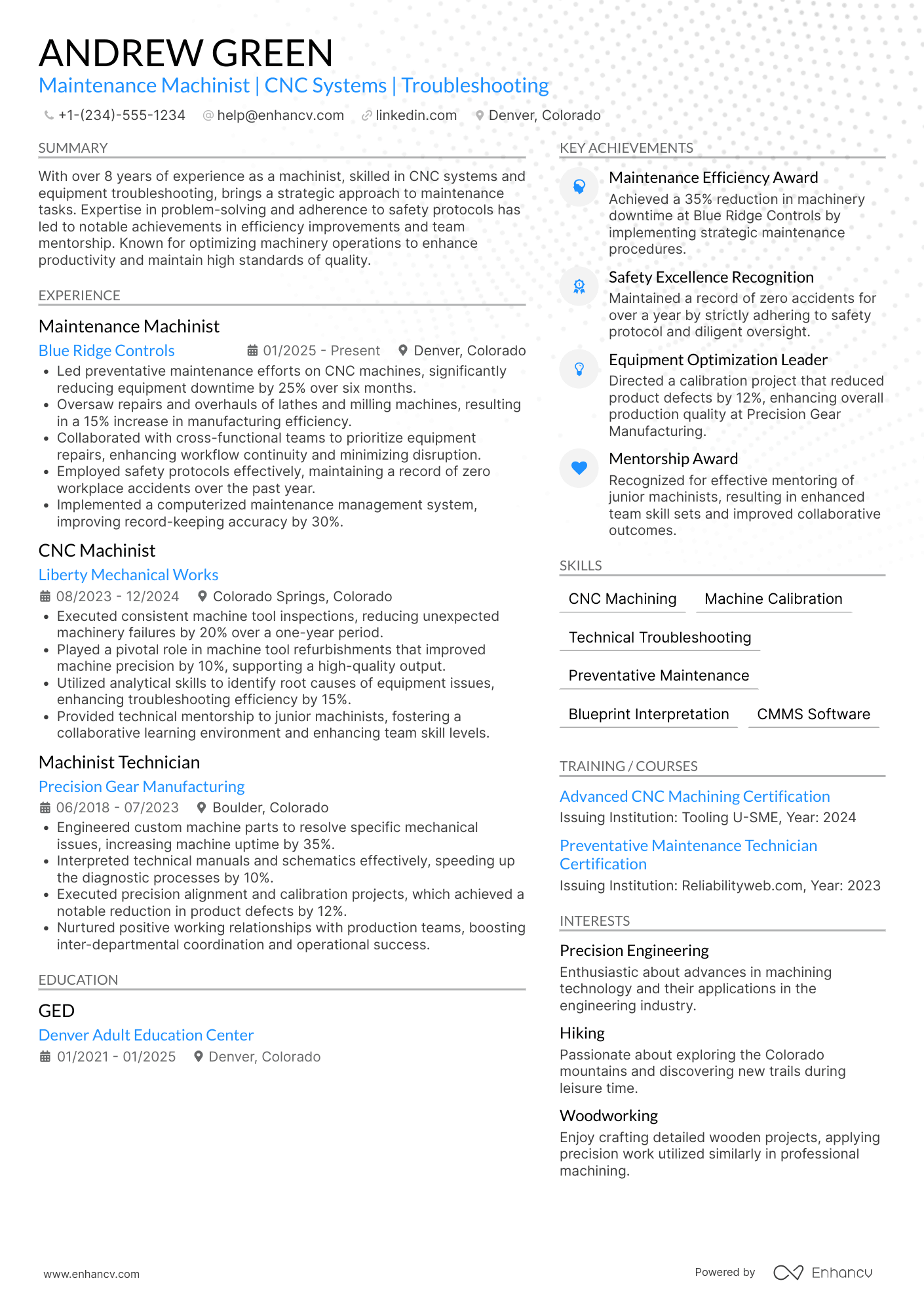 Maintenance Machinist Resume Example