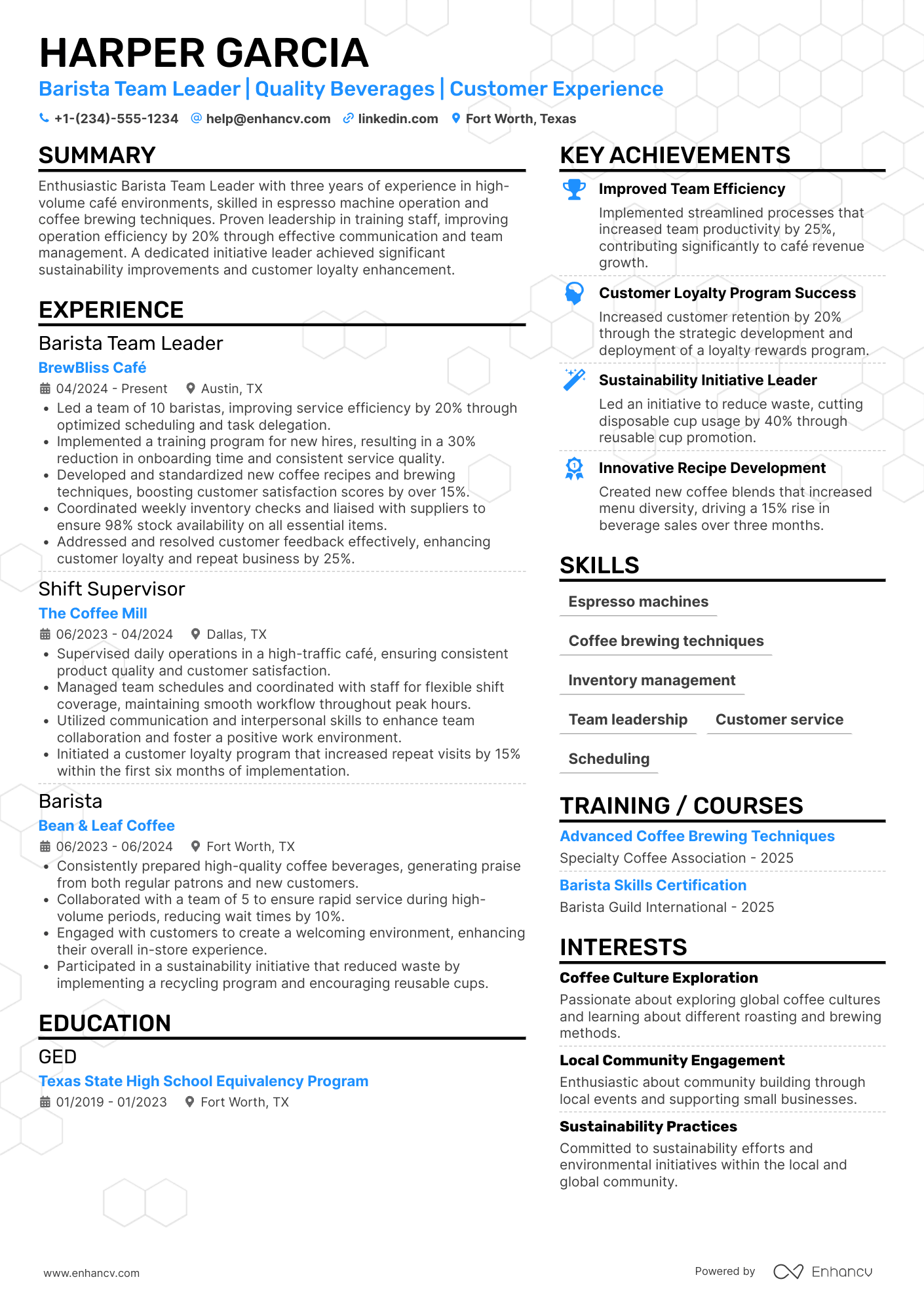 Barista Team Leader Resume Example