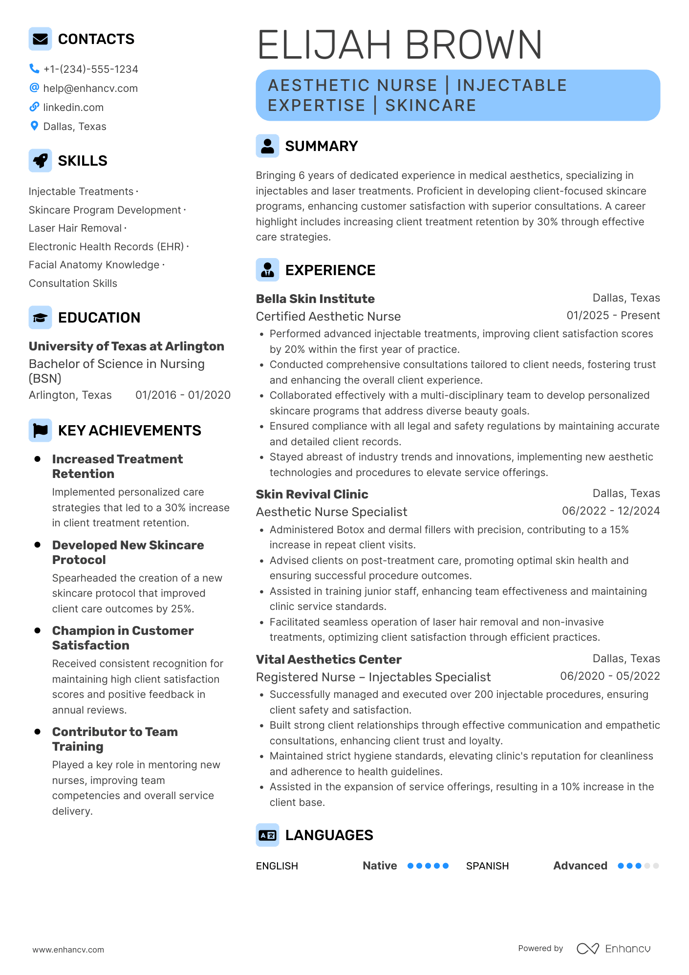 Certified Aesthetic Nurse Resume Example