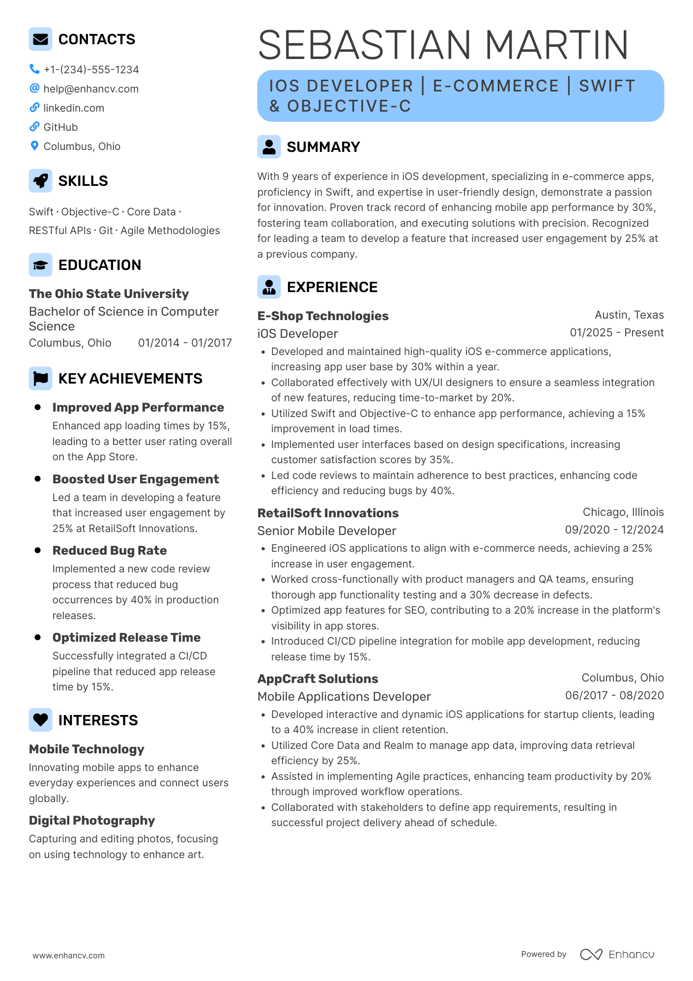 iOS Developer, E Commerce Resume Example