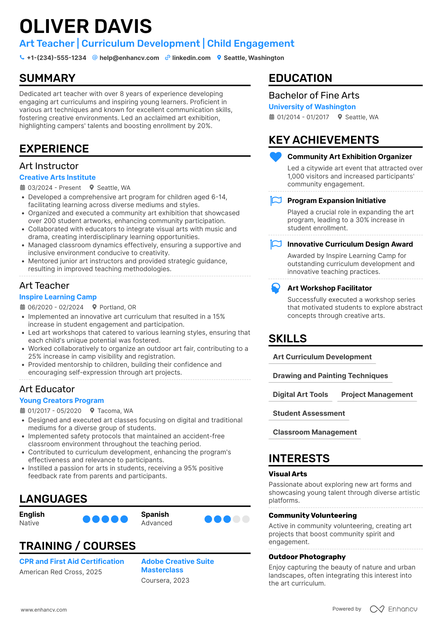 Art Teacher Summer Camp Resume Example