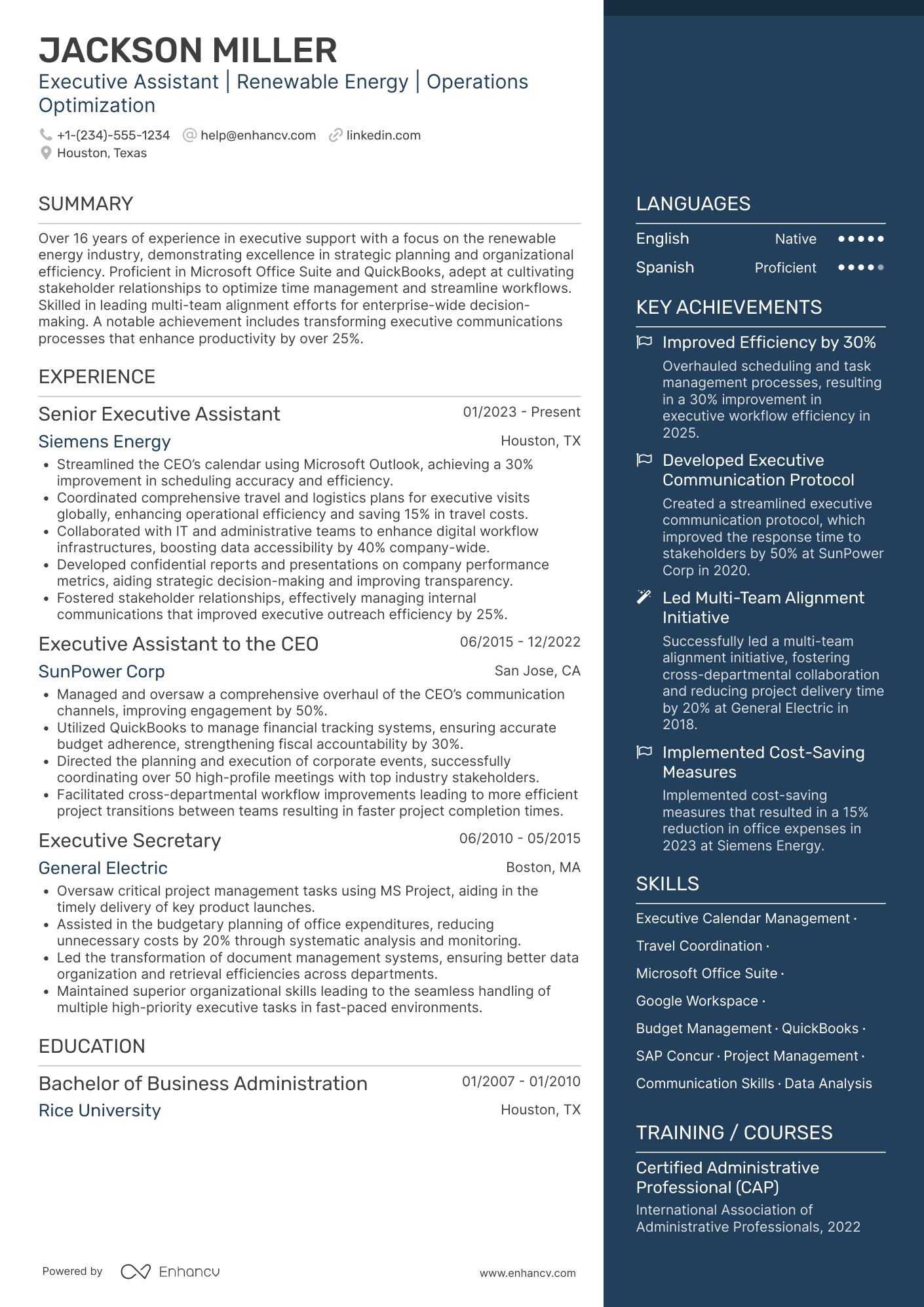 Secretary to the CEO Resume Example