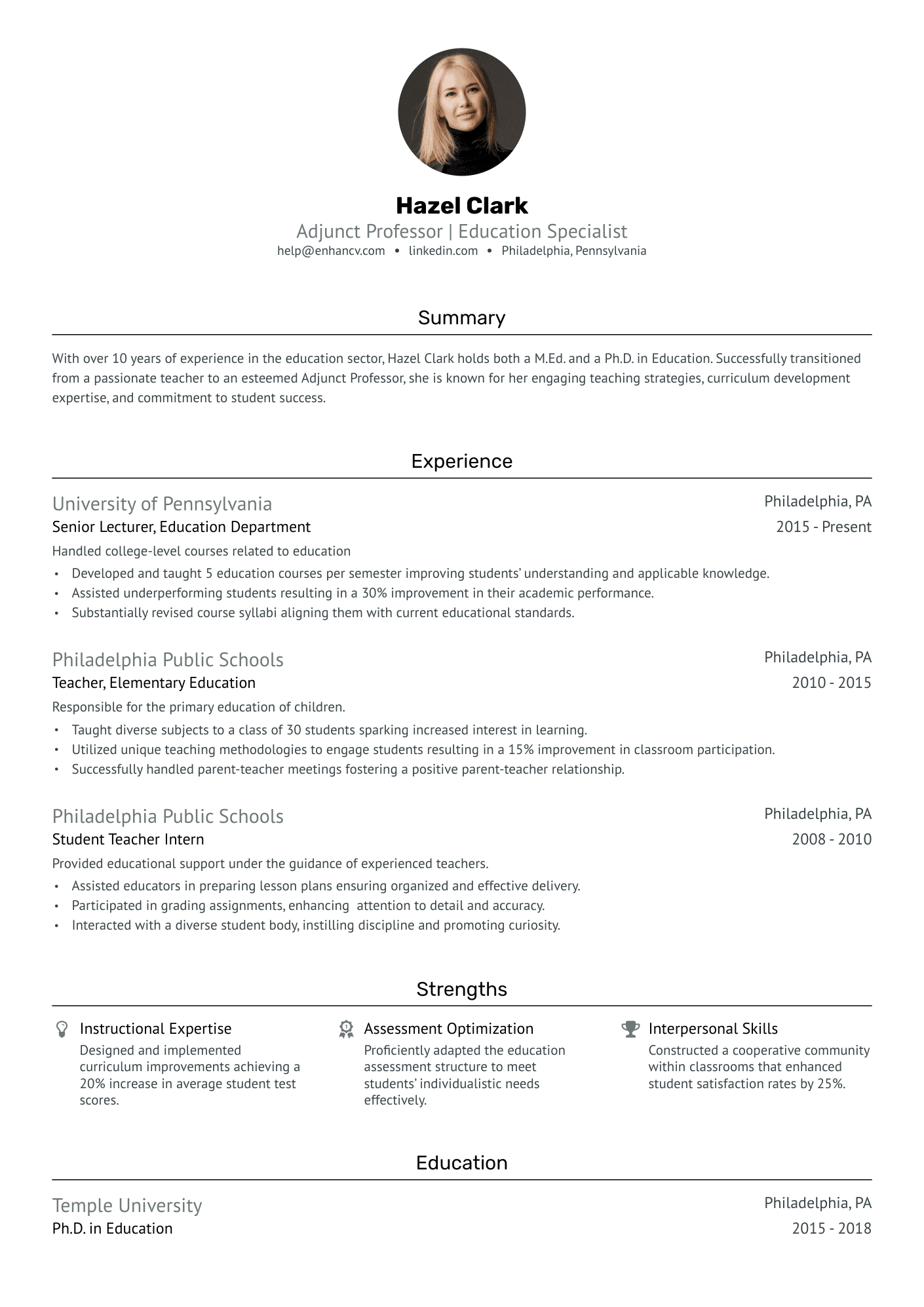 Adjunct Professor Resume Example