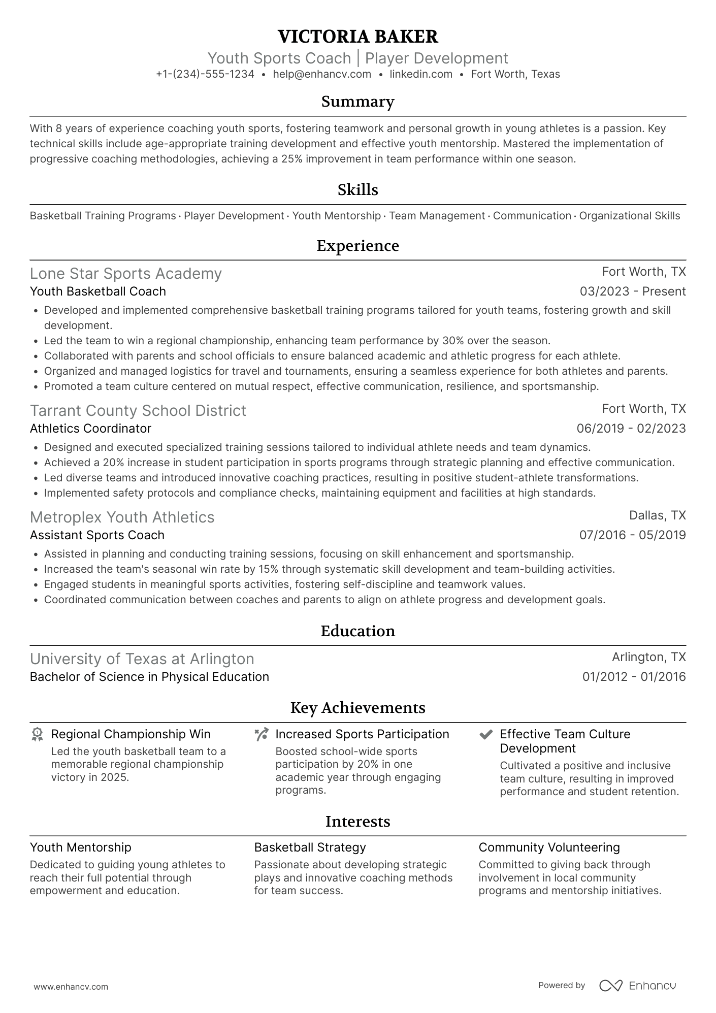 Elementary School Basketball Coach Resume Example