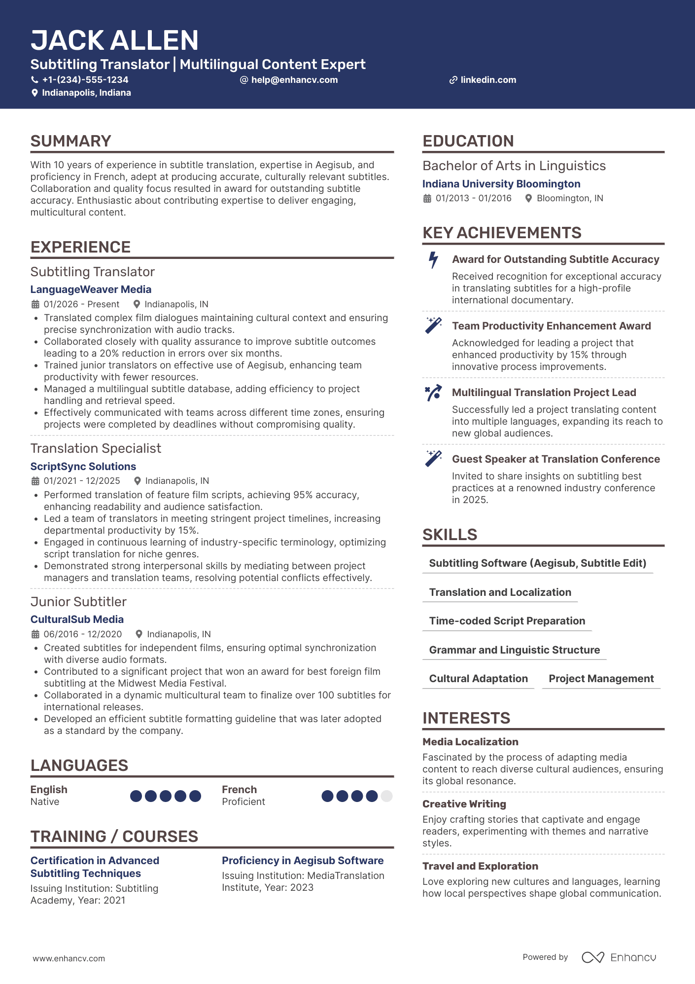 Subtitling Translator Resume Example