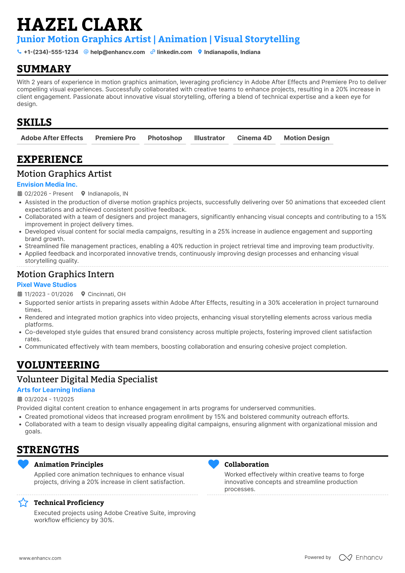 Junior Motion Graphics Artist Resume Example