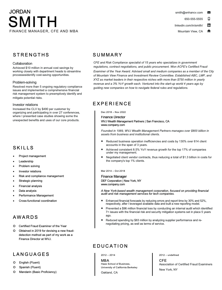 Executive resume template for MS Word