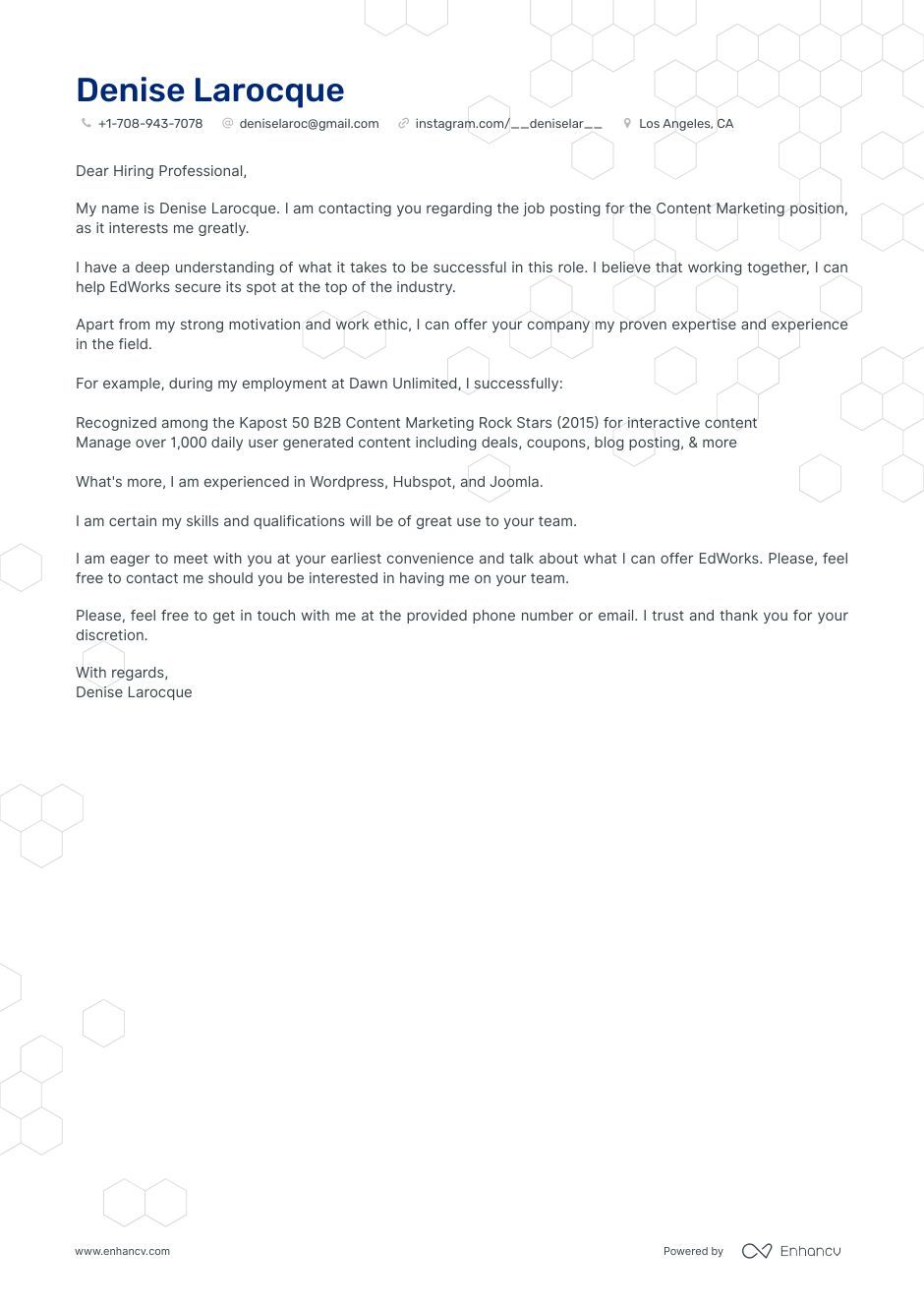 Real Content Marketing Cover Letter Example For