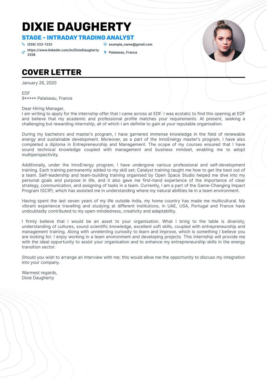 an example of a cover letter for internship