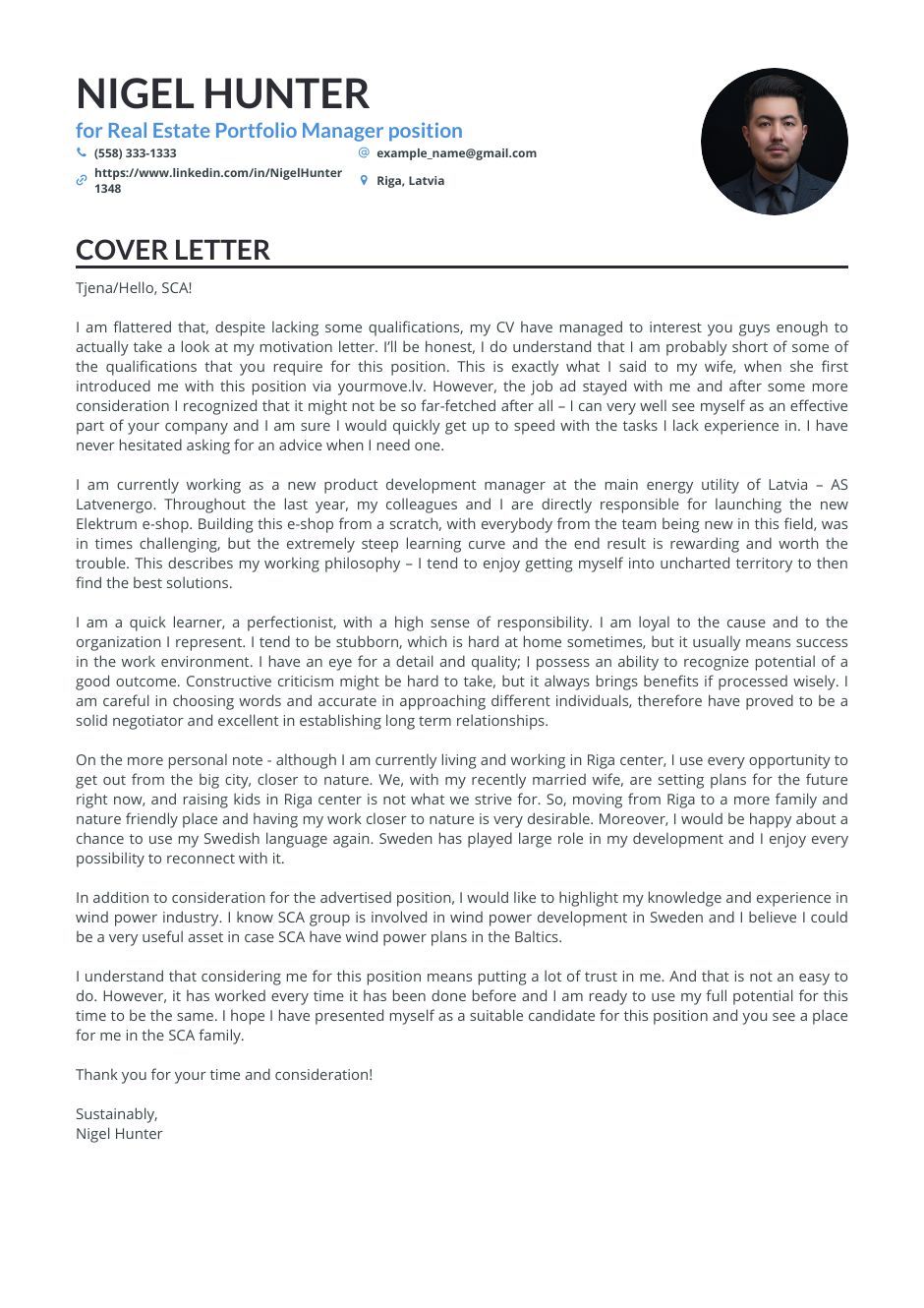 cover letter as a portfolio manager