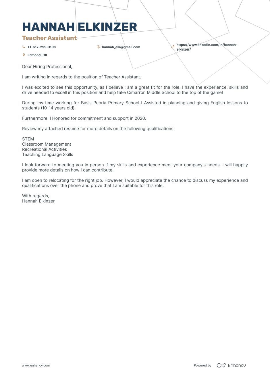 cover letter of teaching assistant