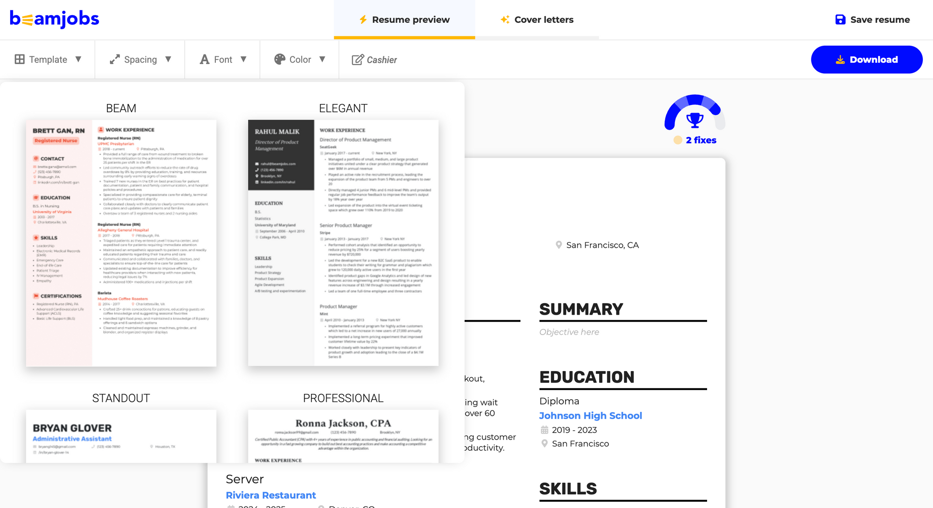 Template gallery / dropdown view