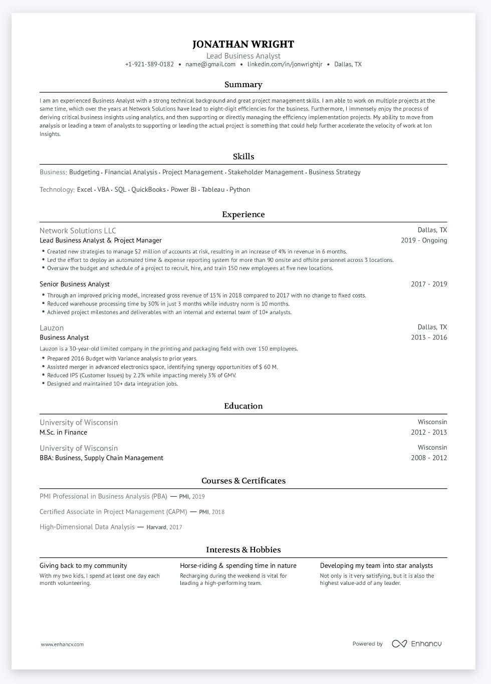 Lead Business Analyst resume example