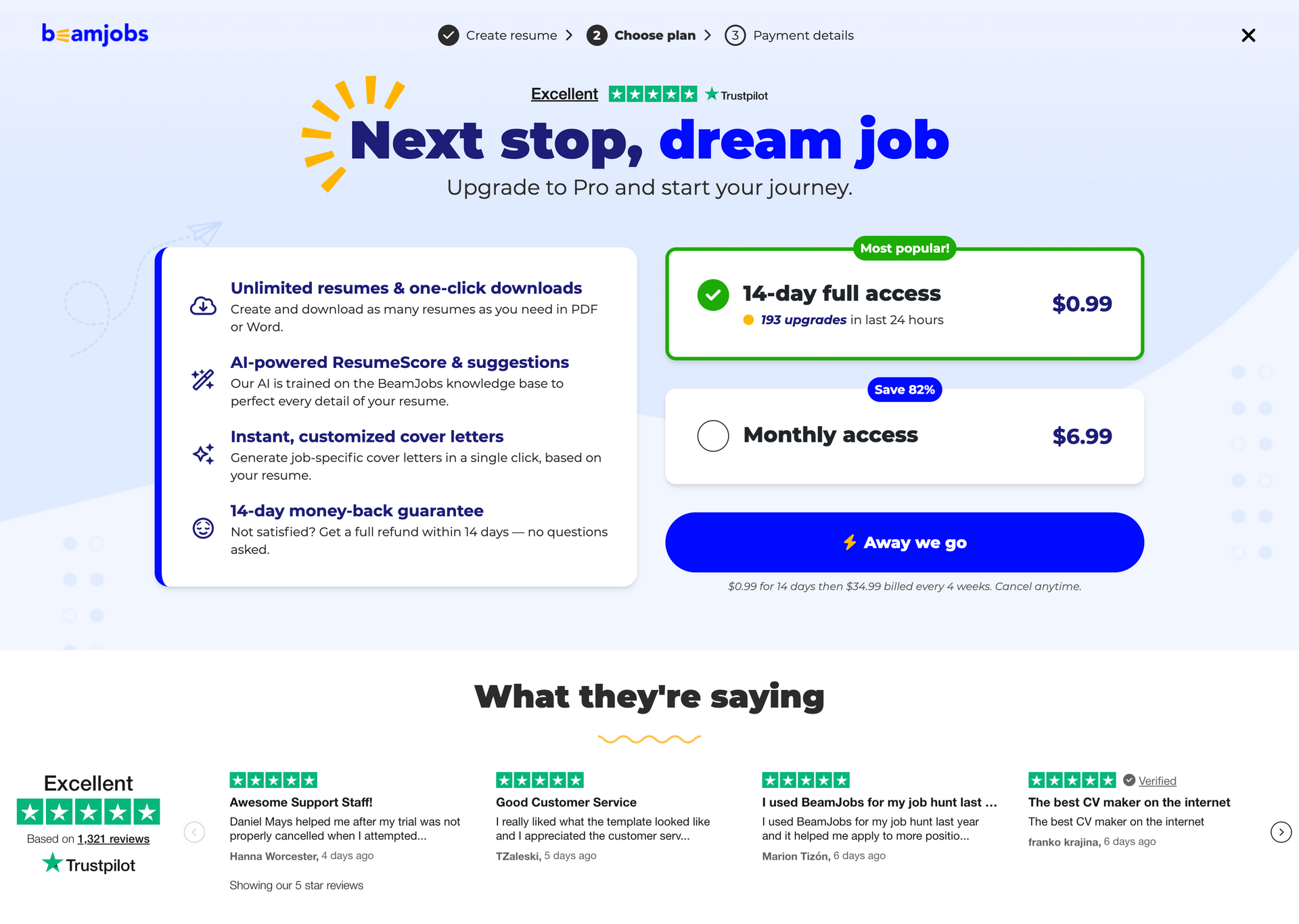 Pricing screen with subscription details