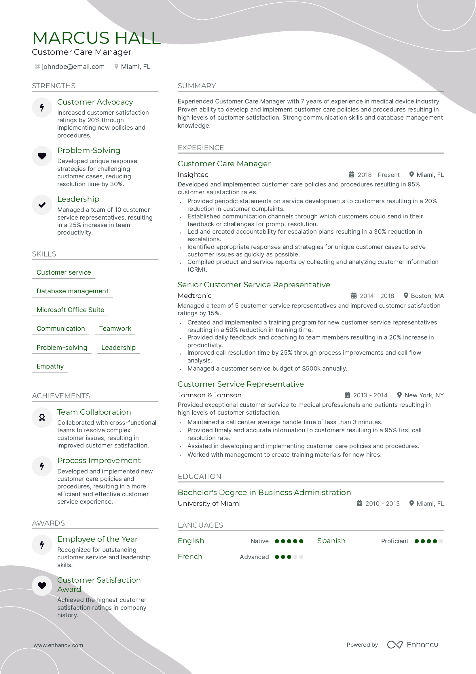 Customer Care Manager resume example