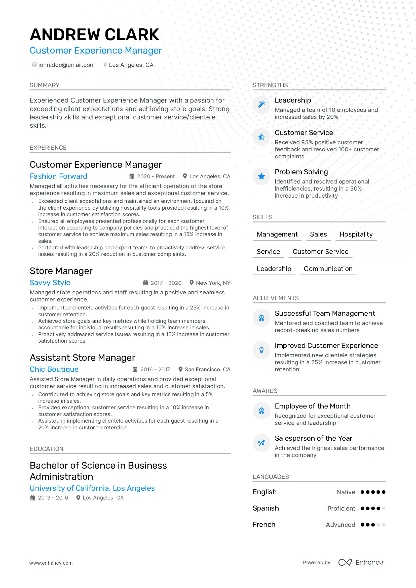 Customer Experience Manager resume example