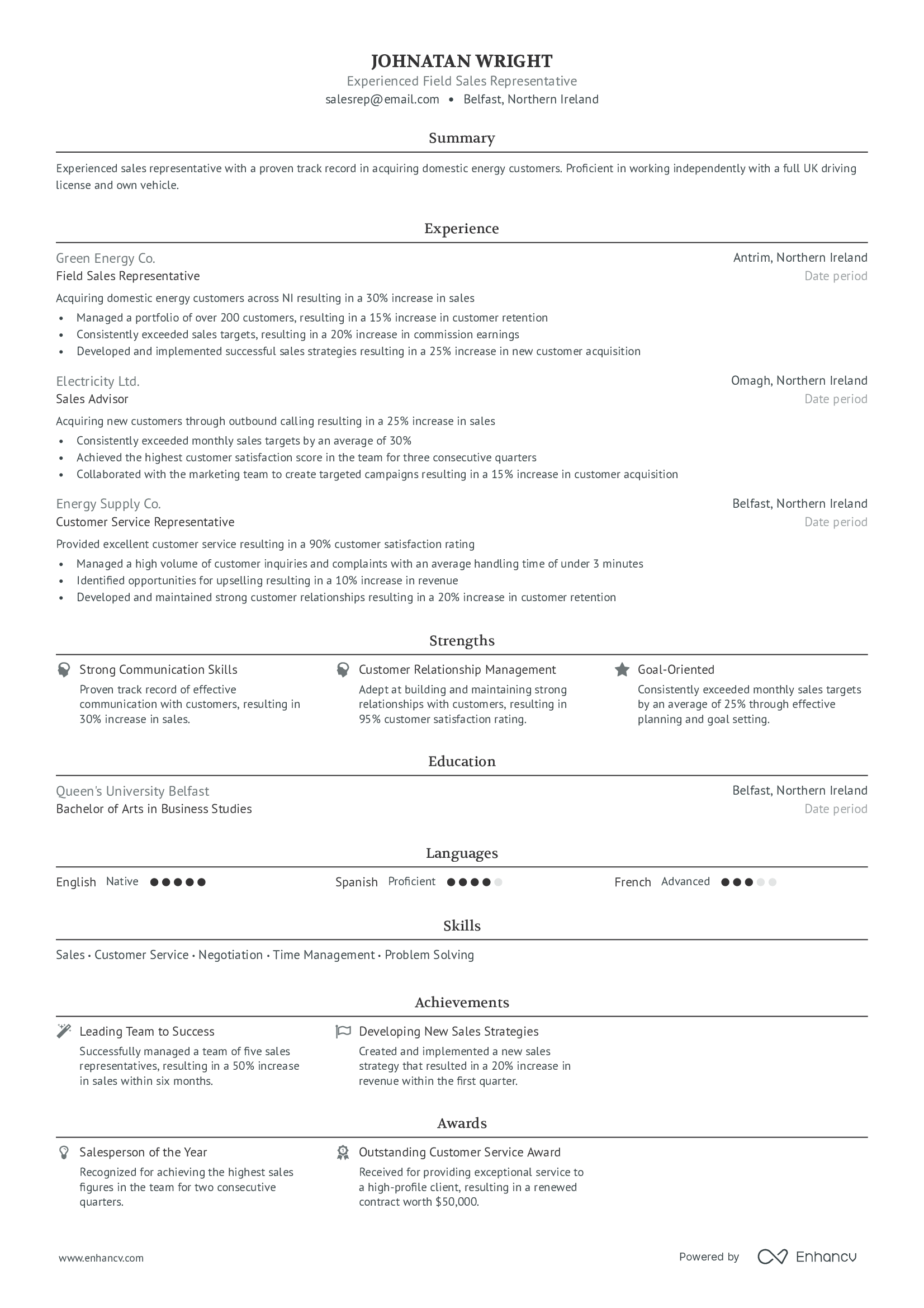 Experienced Field Sales Representative resume example
