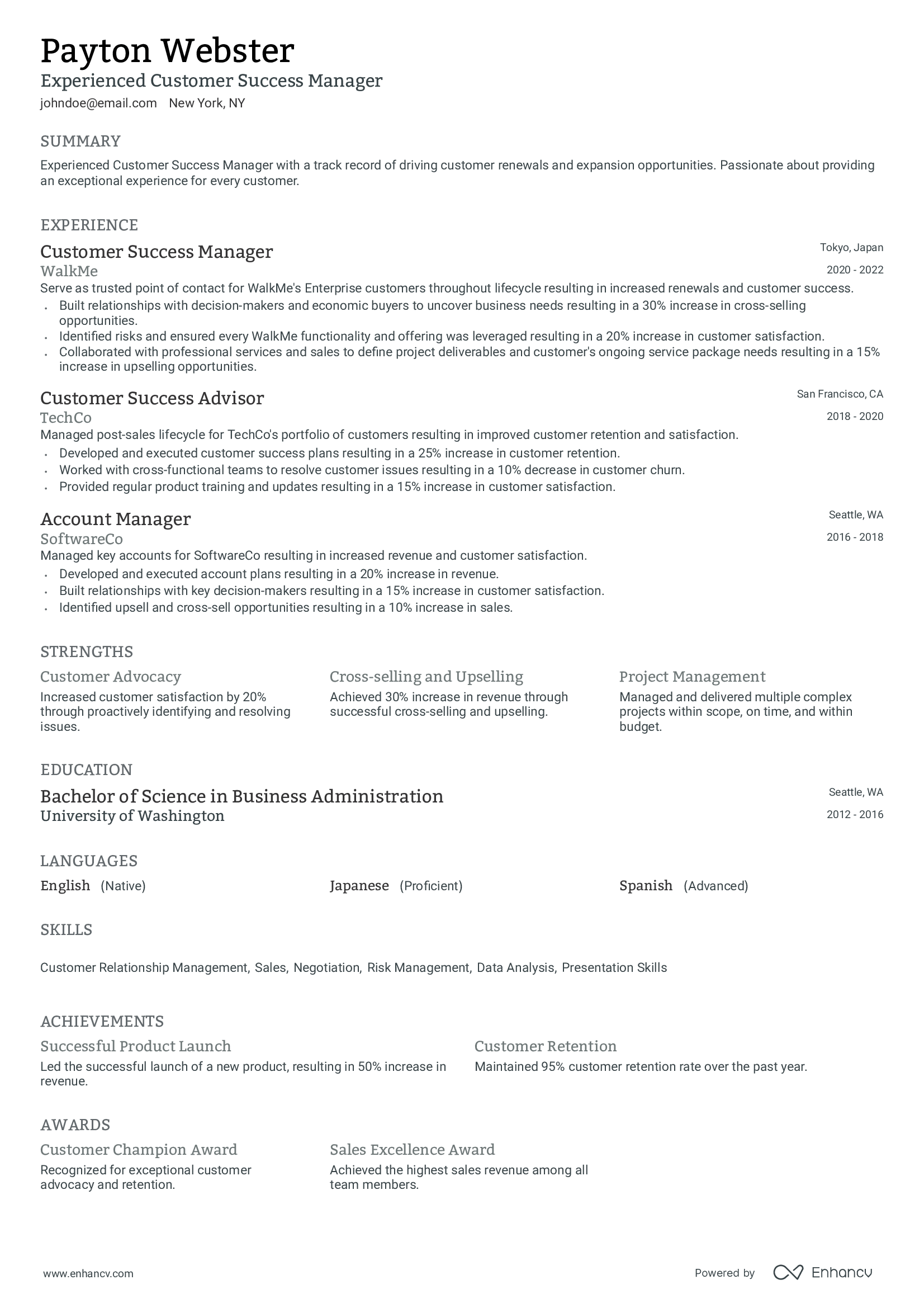 Experienced Customer Success Manager resume example