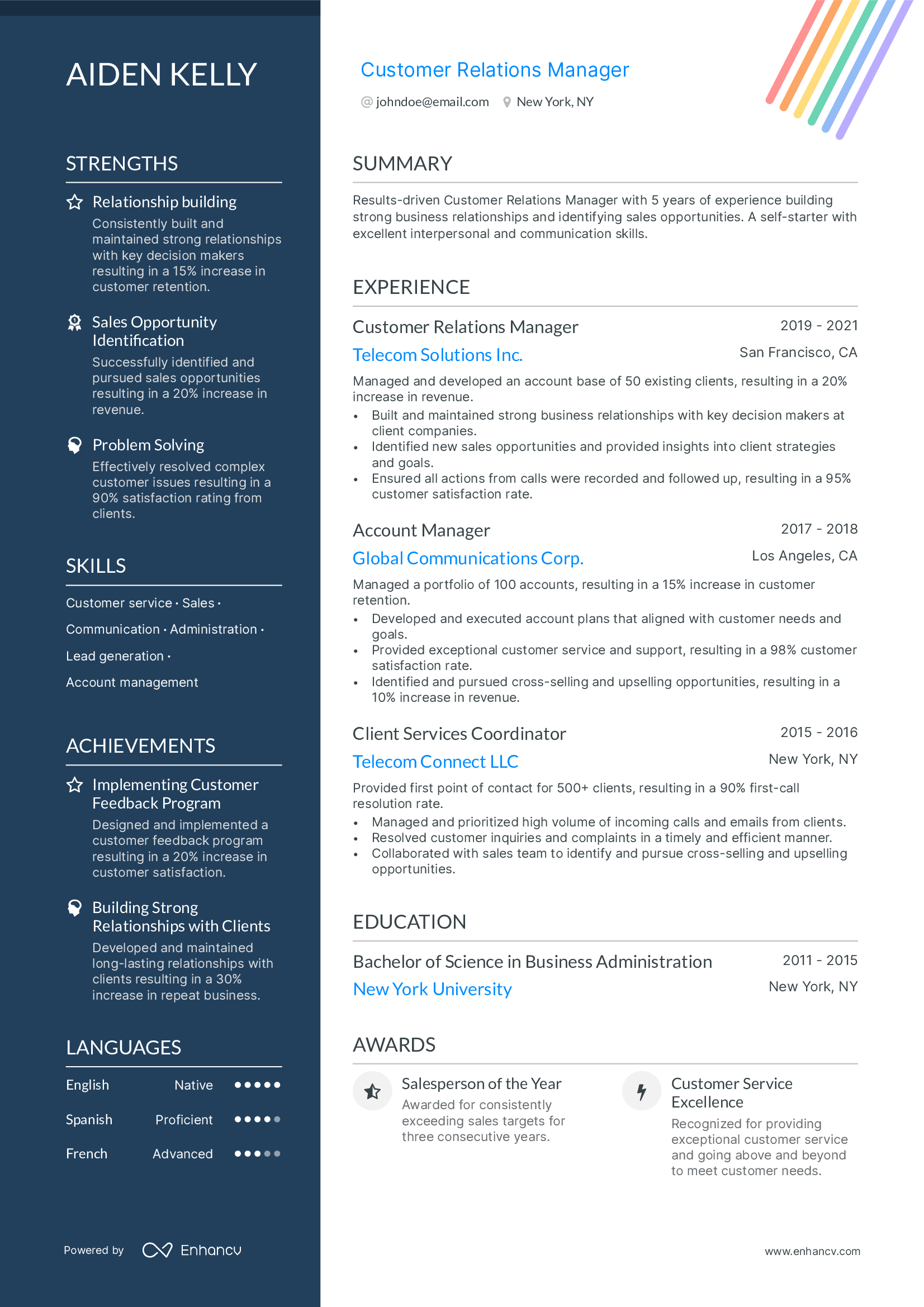 Customer Relations Manager resume example