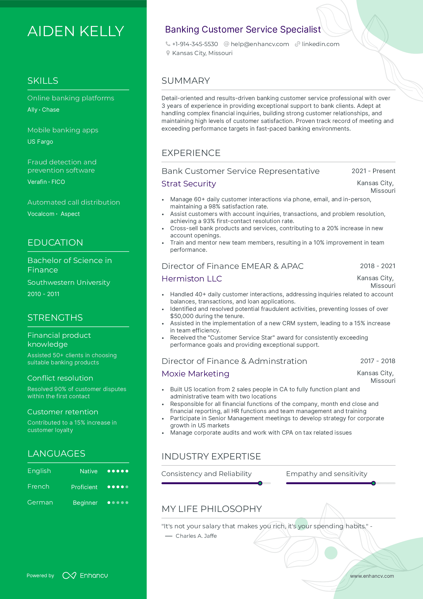 Banking Customer Service Specialist resume example