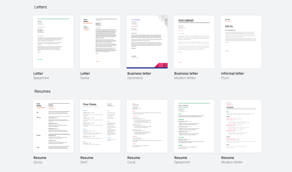 A screenshot of Google Docs Templates landing page