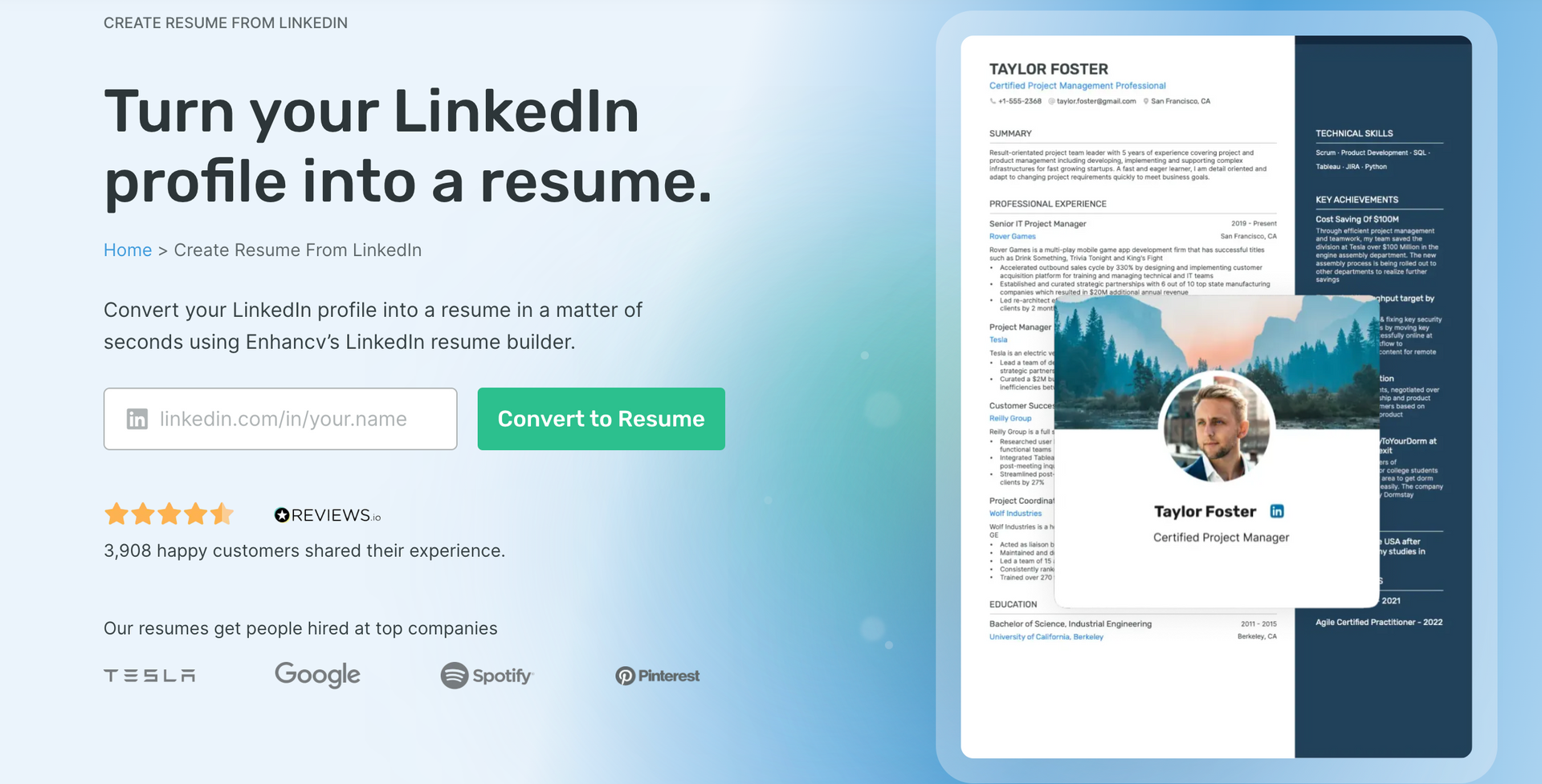 Snapshot of Enhancv's LinkedIn Resume Builder