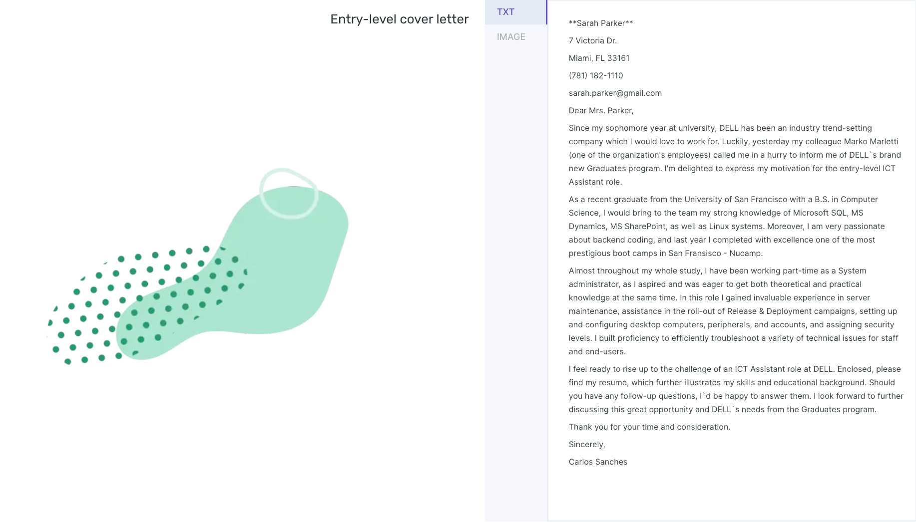 A screenshot of Enhancv's copiable entry level cover letter template
