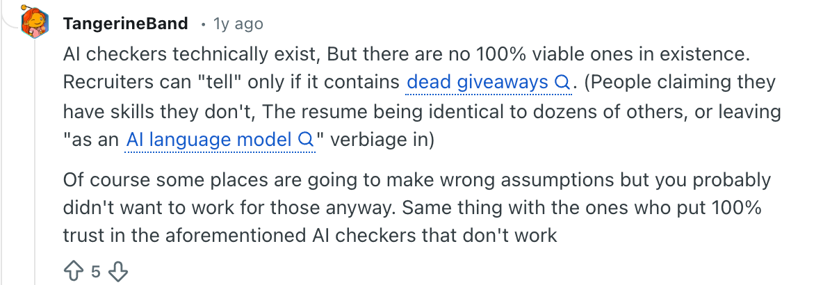A Reddit screenshot of a comment on AI checkers