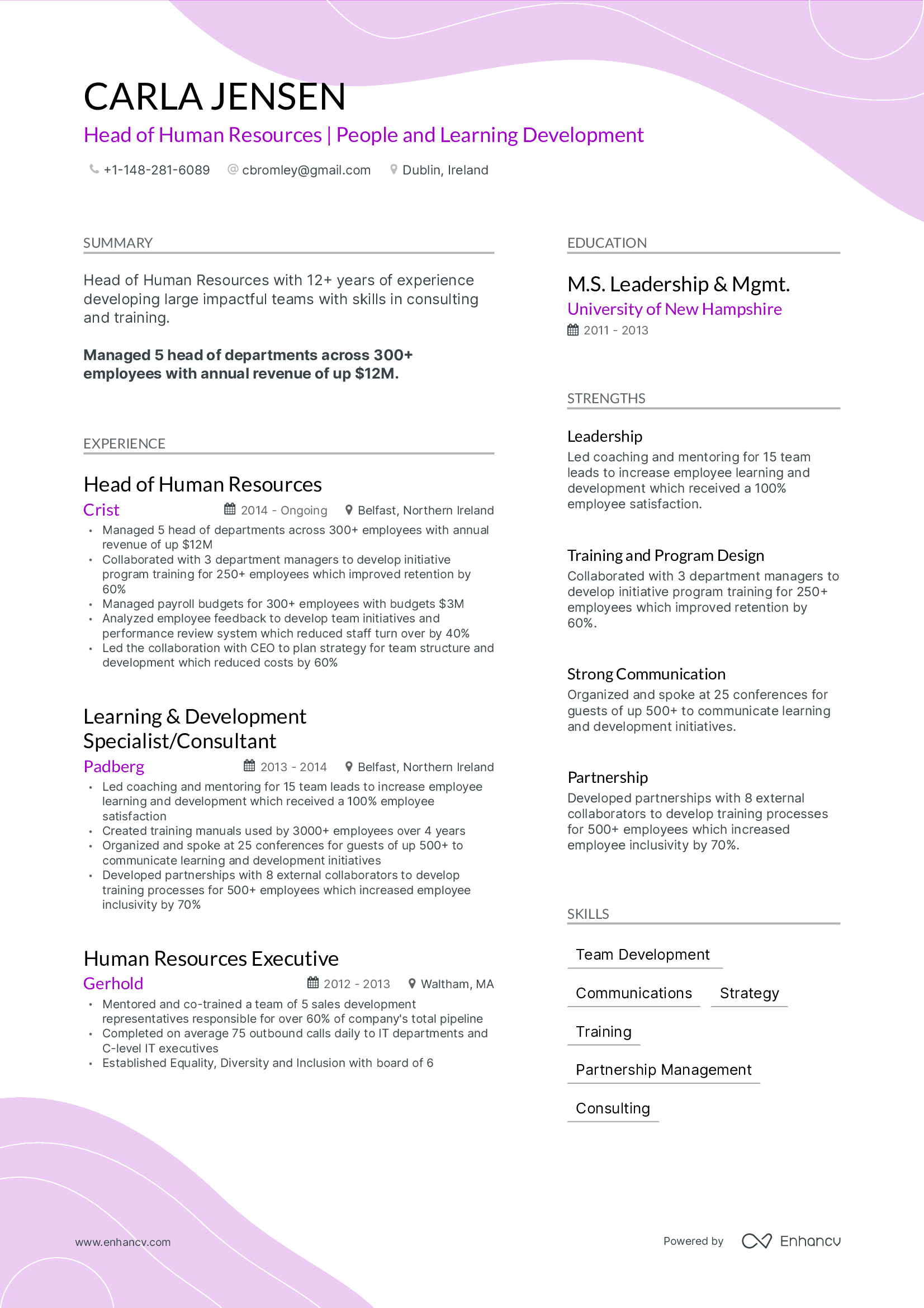 Head of Human Resources | People and Learning Development  resume example
